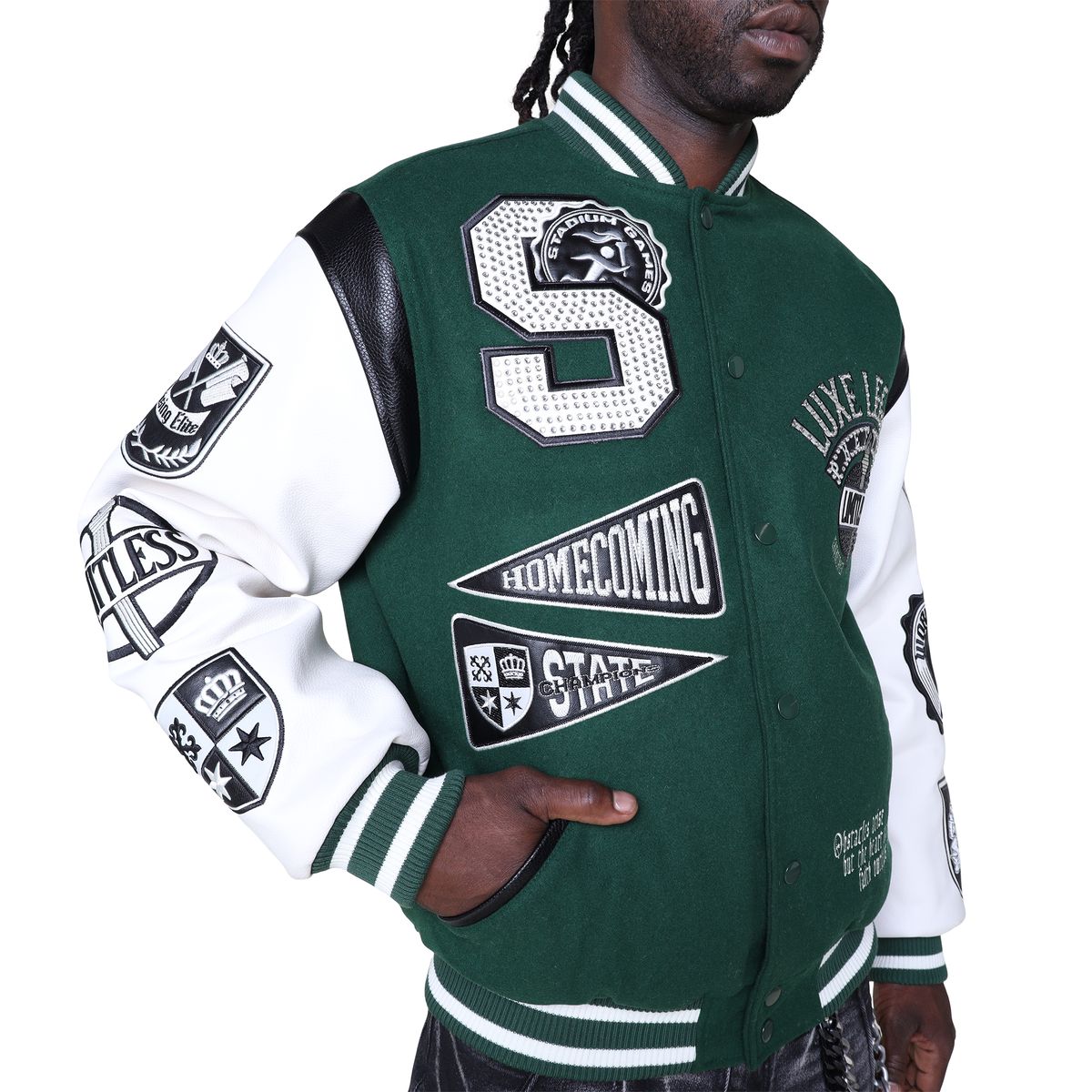 MENS SMOKE RISE LUXE LEGACY WOOL VARSITY JACKET (HUNTER)