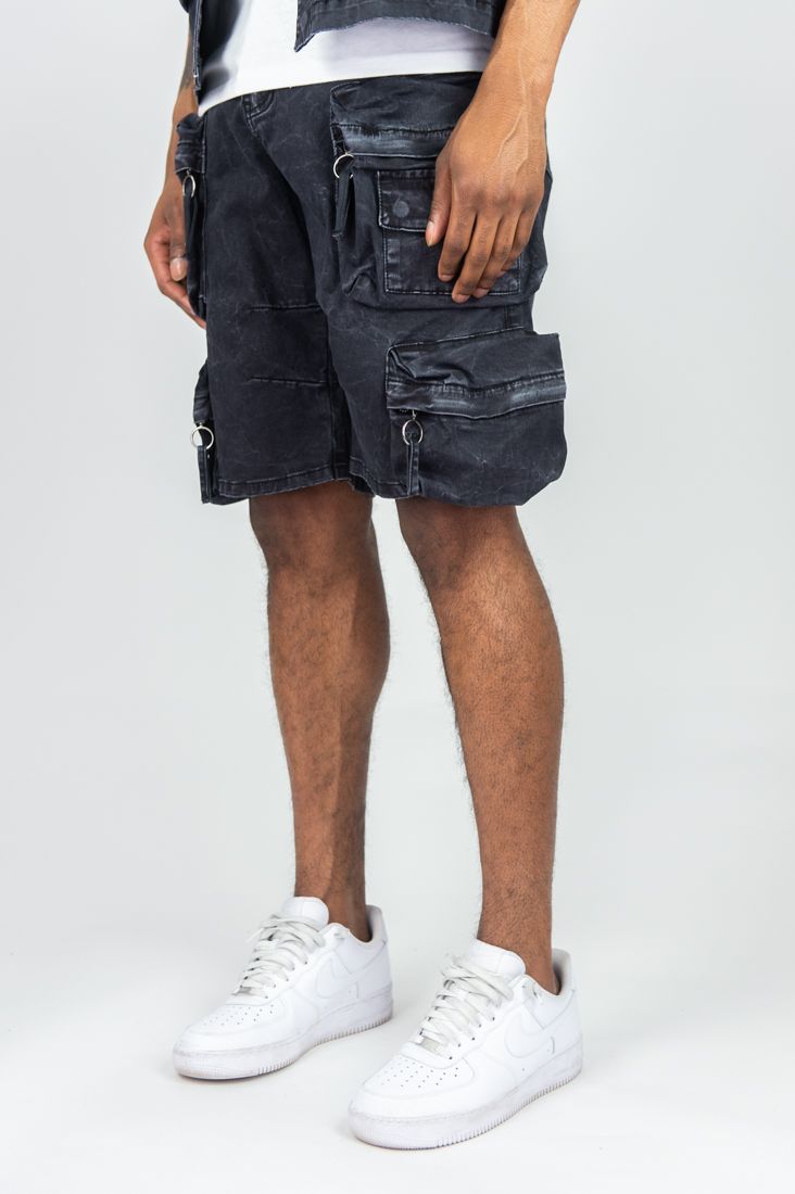 MENS R3BEL DENIM VOYAGER WASHED CARGO JORT (ASH BLACK)