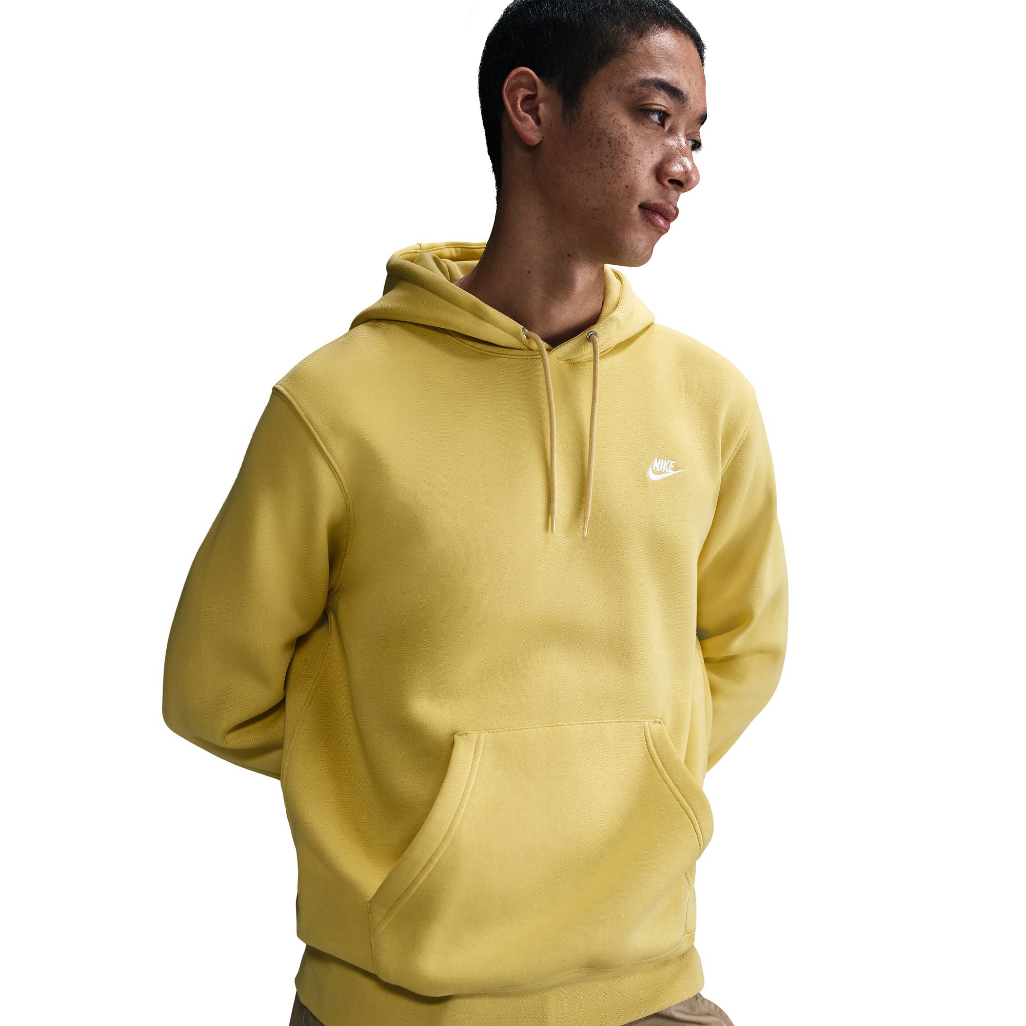 MENS NIKE CLUB PULLOVER FLEECE HOODIE (SATURN GOLD/WHITE)