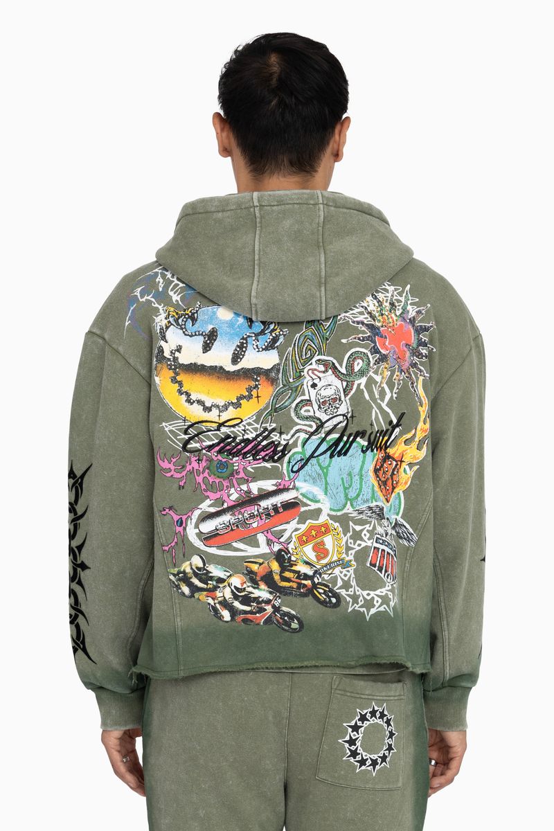 MENS SMOKE RISE ENDLESS PURSUIT STUDDED FZ HOODIE WARMUP (VINTAGE ARMY)