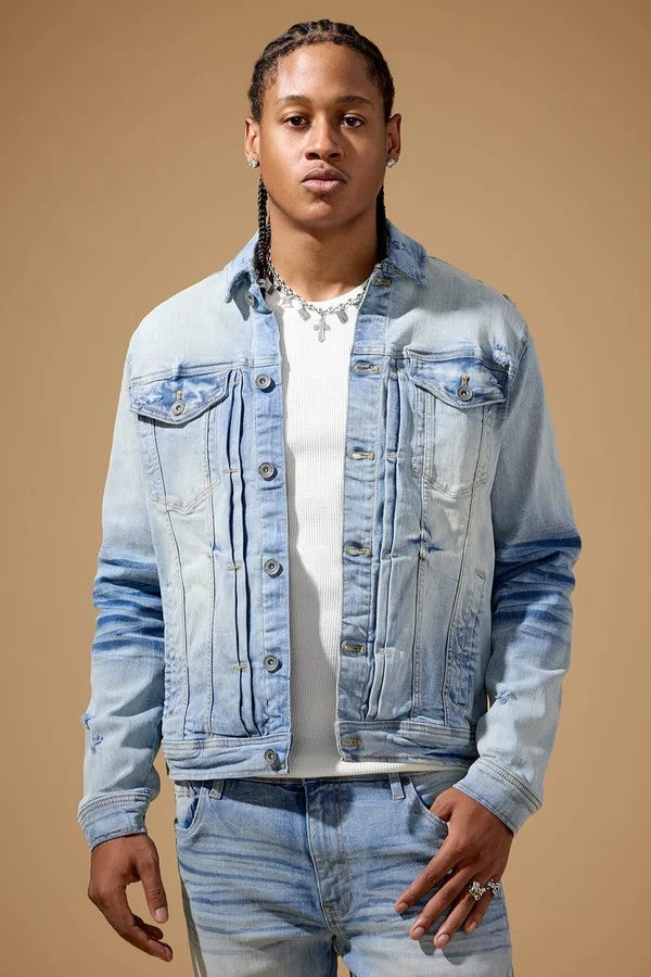 MENS JORDAN CRAIG FOUNDRY DENIM TRUCKER JACKET (ICED LAGER)