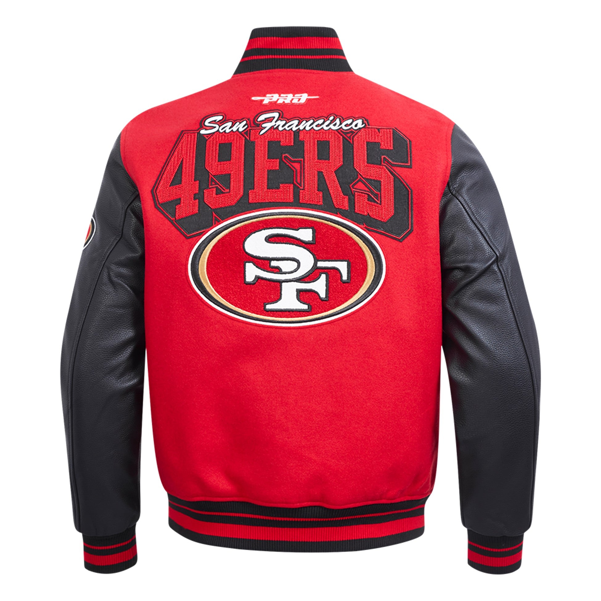 MENS PRO STANDARD SAN FRANCISCO 49ERS TEAM BADGE M RIB WOOL VARSITY JACKET (RED/BLACK)