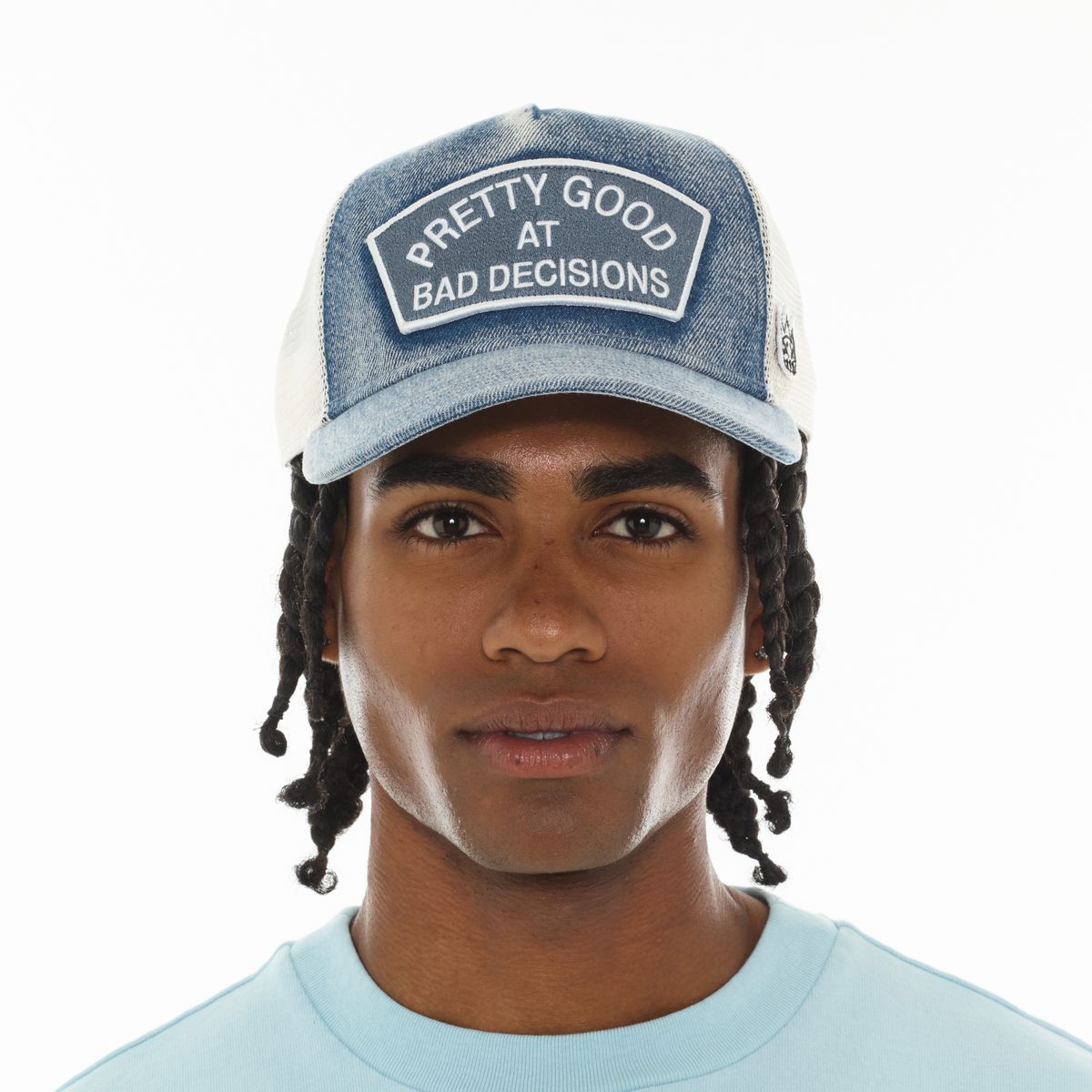 CULT MESH TRUCKER HAT "GOOD AT BAD DECISIONS" (DENIM)