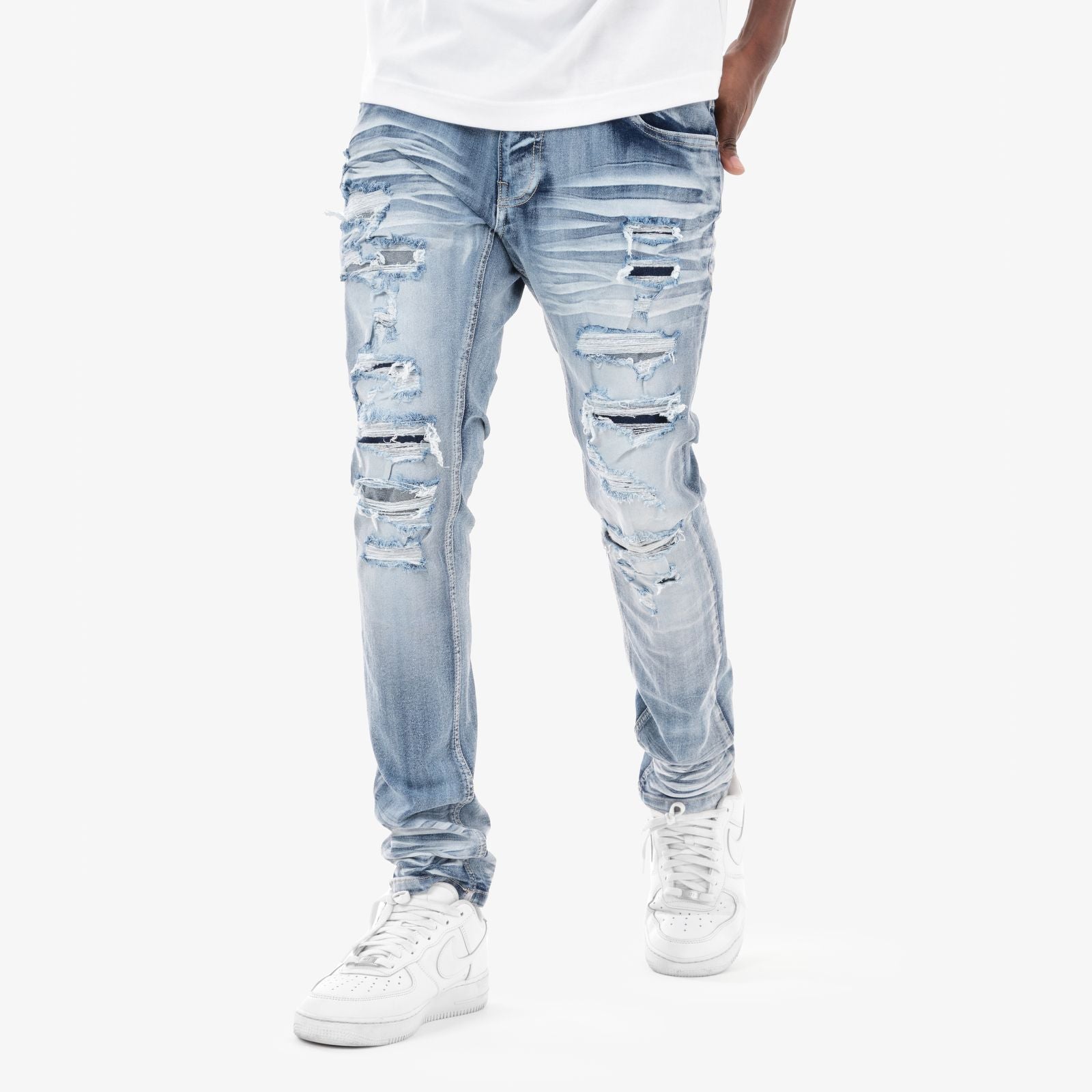 MENS COPPER RIVET RIP & REPAIR JEAN (MEDIUM BLUE)