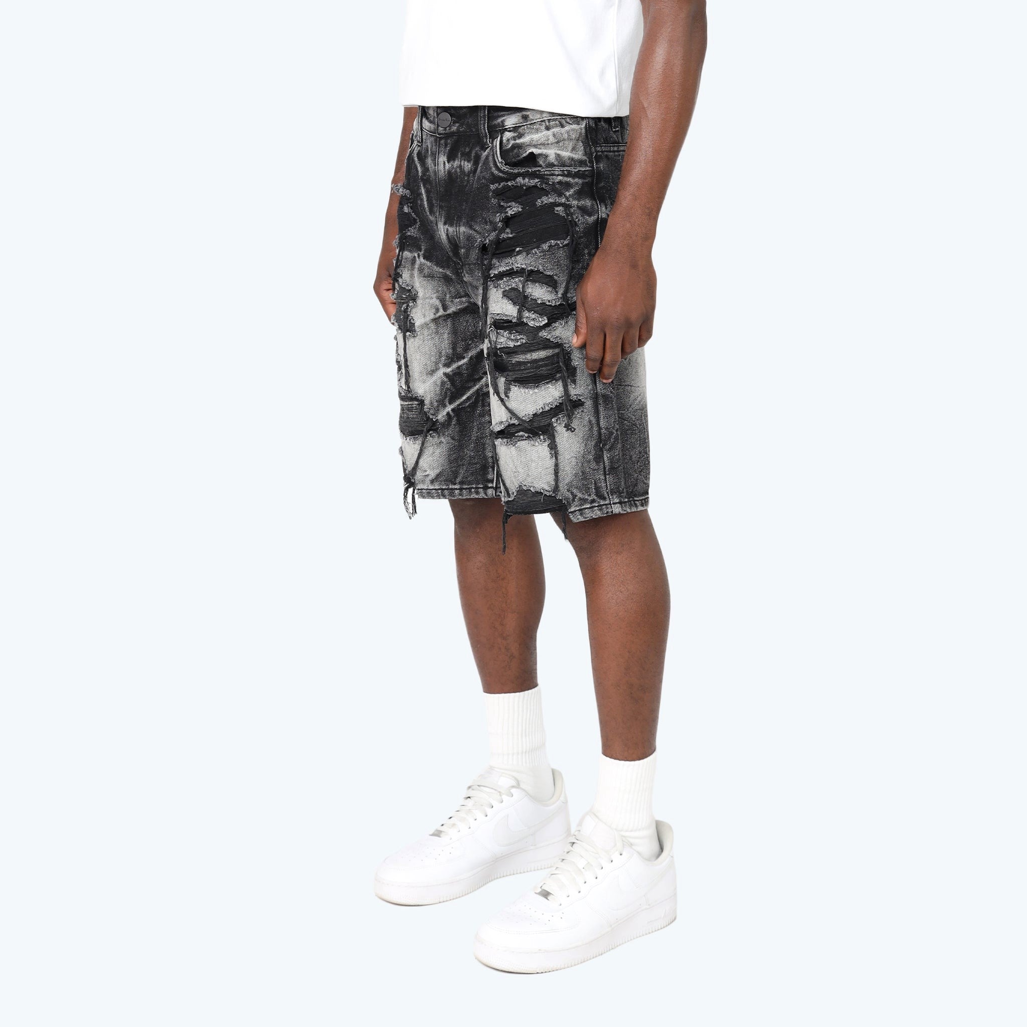 MENS SMOKE RISE HEAVY RIP & REPAIR JEAN SHORT (SABLE BLACK)