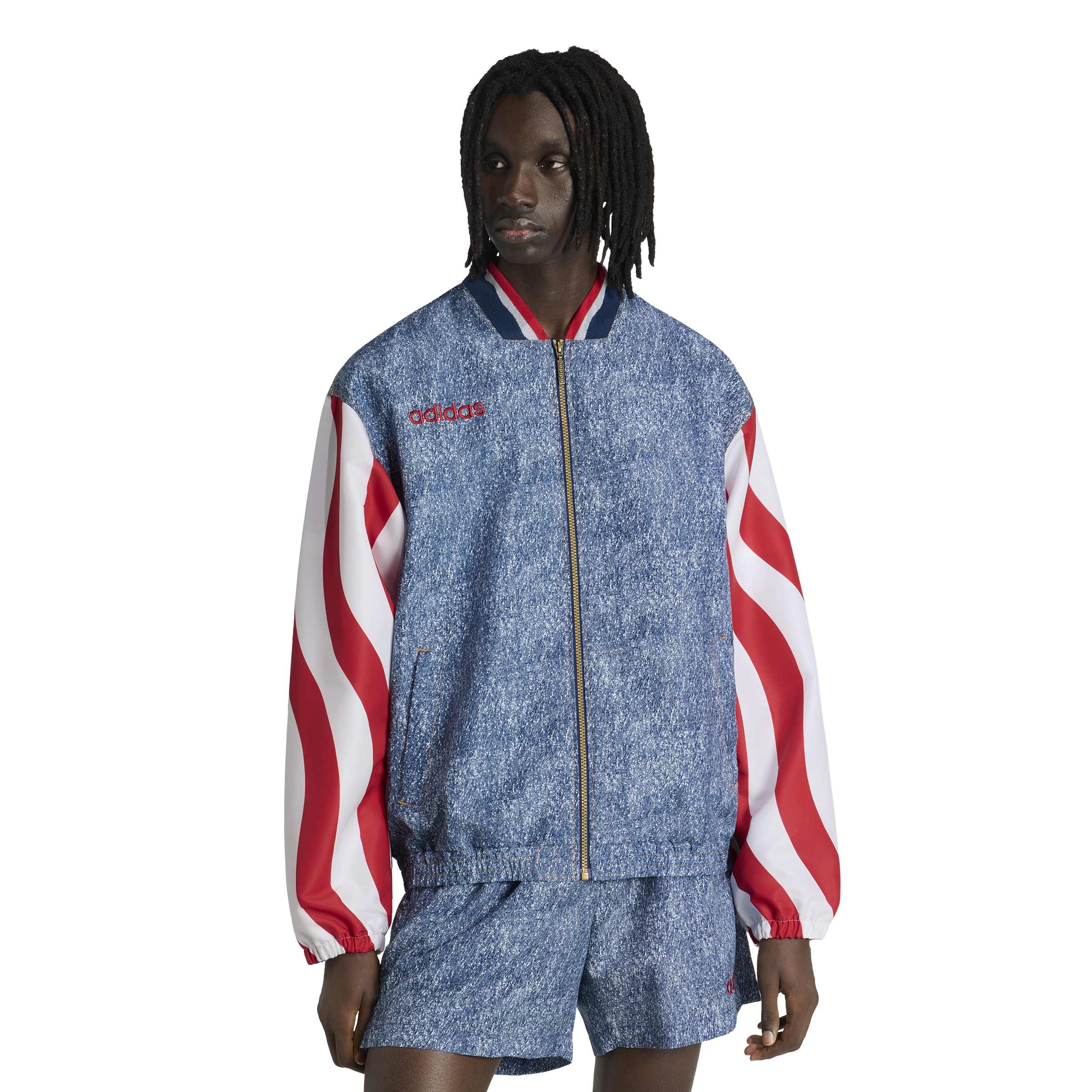 MENS ADIDAS DENIM GRAPHIC TRACK TOP (WHITE / DARK BLUE)