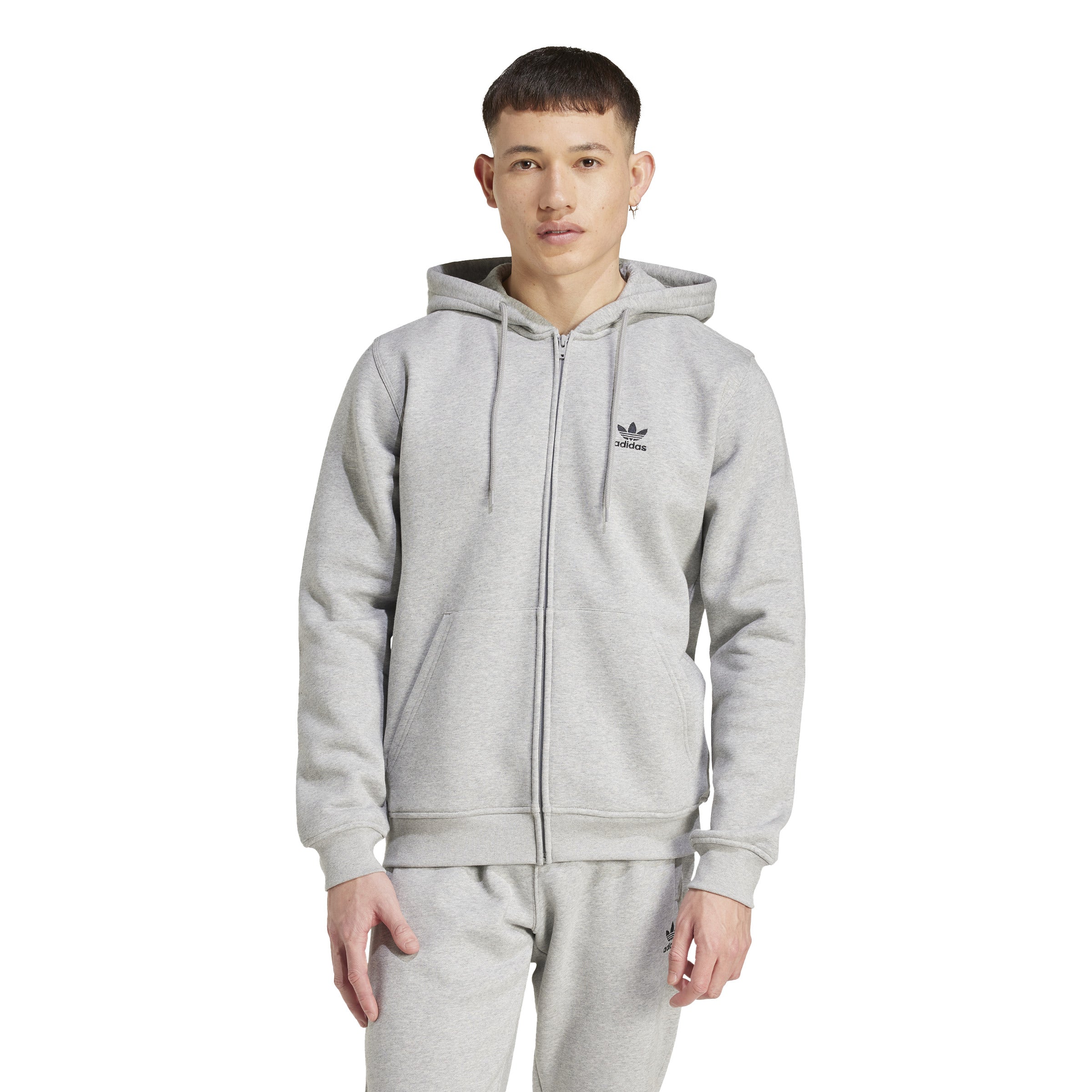 MENS ADIDAS TREFOIL ESSENTIALS FULL-ZIP HOODIE (MEDIUM GREY HEATHER)