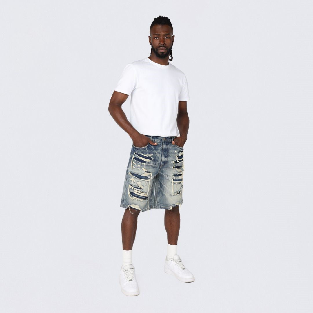 MENS SMOKE RISE HEAVY RIP & REPAIR JEAN SHORT (MARSH BLUE)