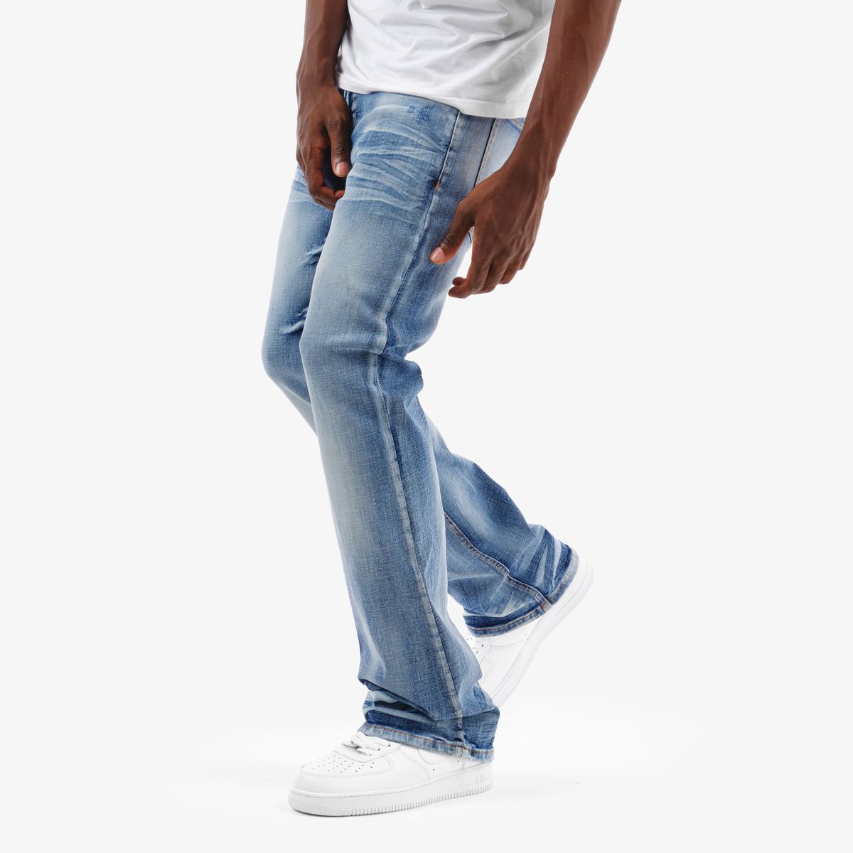 MENS COPPER RIVET CROSS HATCH FLARE FIT JEAN (LIGHT SAND BLUE)