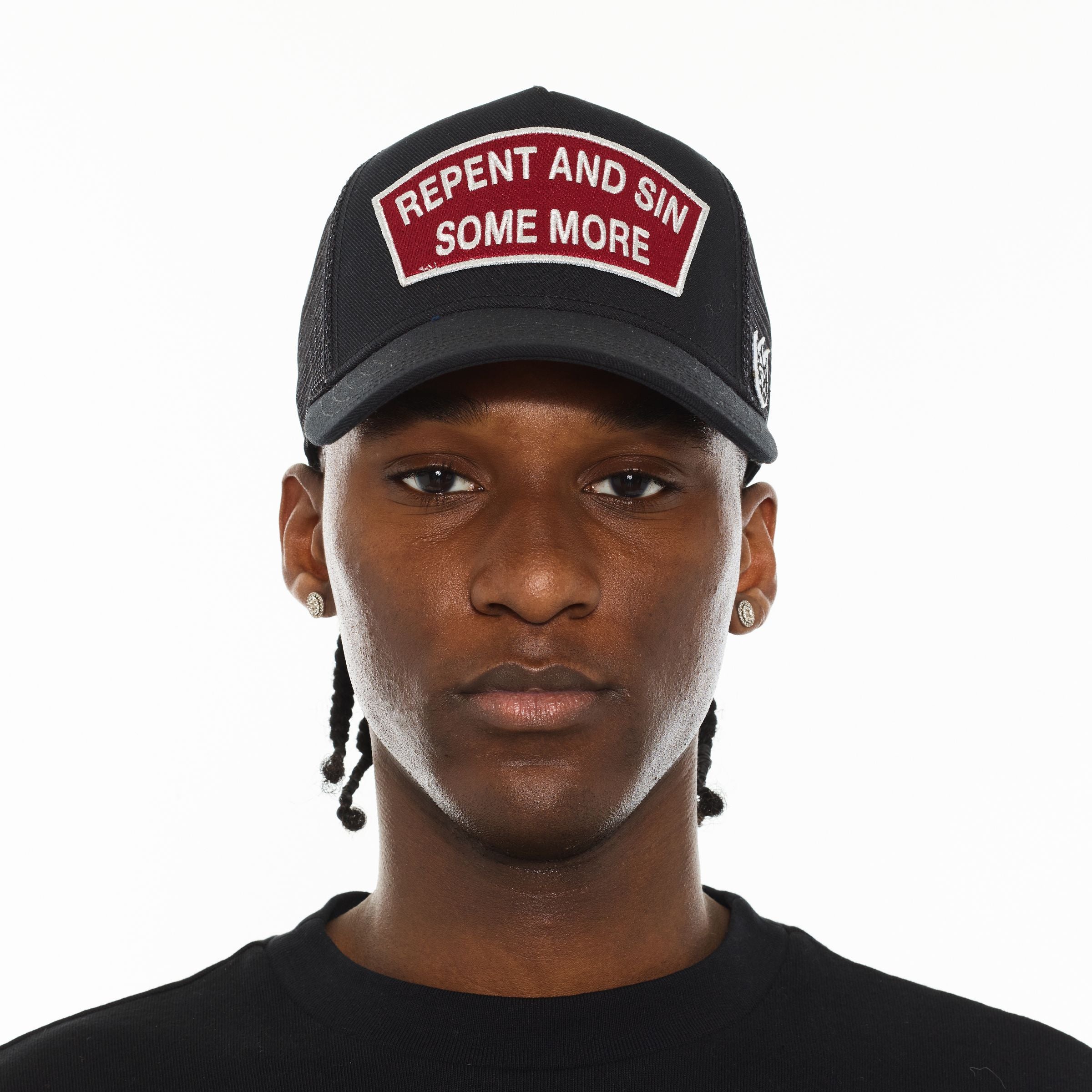 CULT "REPENT AND SIN SOME MORE" LOGO MESH BACK TRUCKER HAT (BLACK)