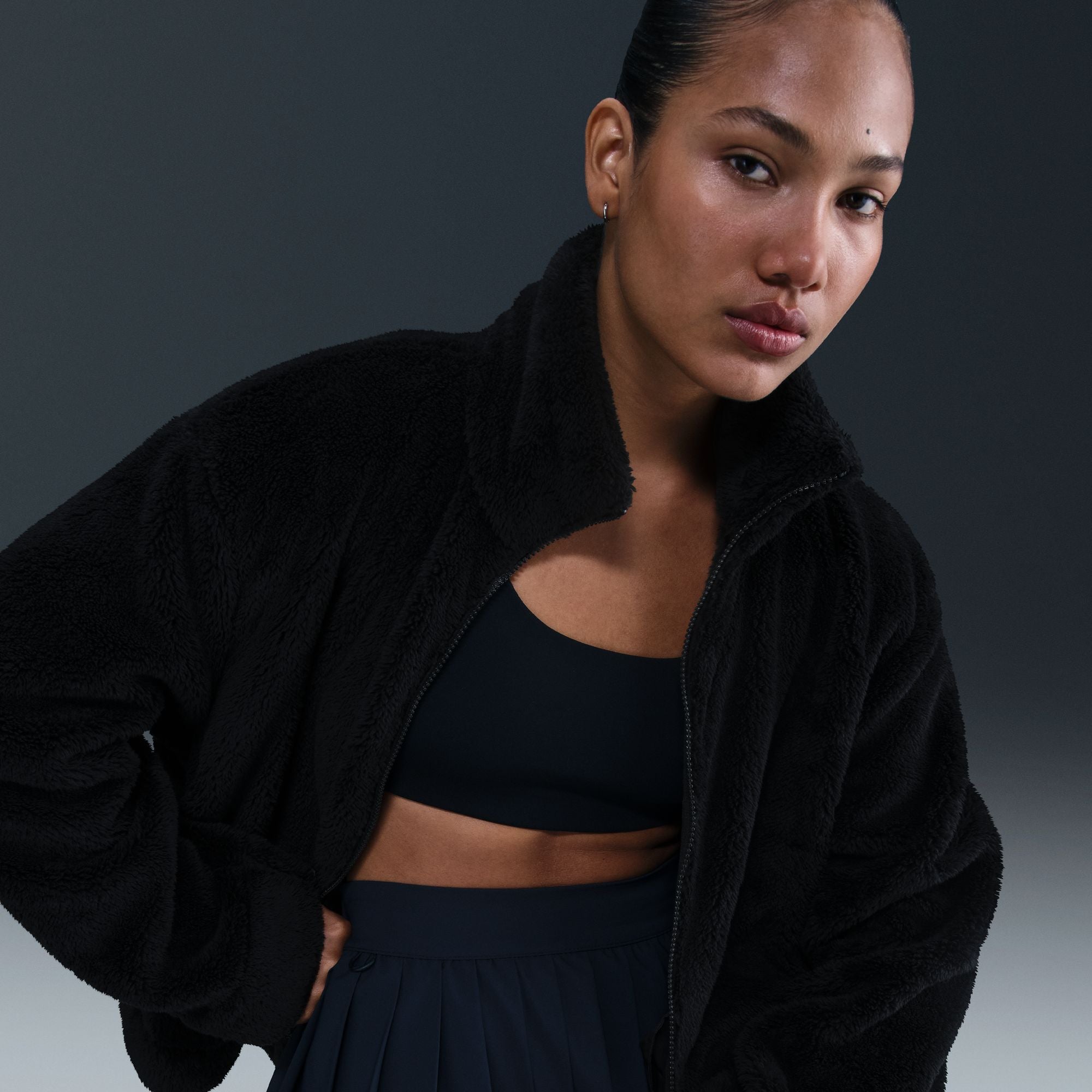 WOMENS NIKE SPORTSWEAR ESSENTIAL HIGH-PILE FLEECE SHERPA JACKET (BLACK/SAIL)