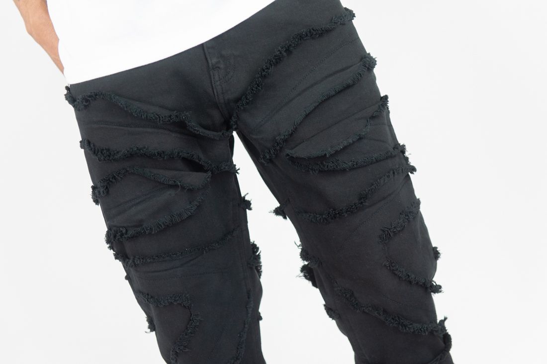 MENS ROAR DENIM RIP & FRAY STACKED DENIM/TWILL PANT (BLACK)