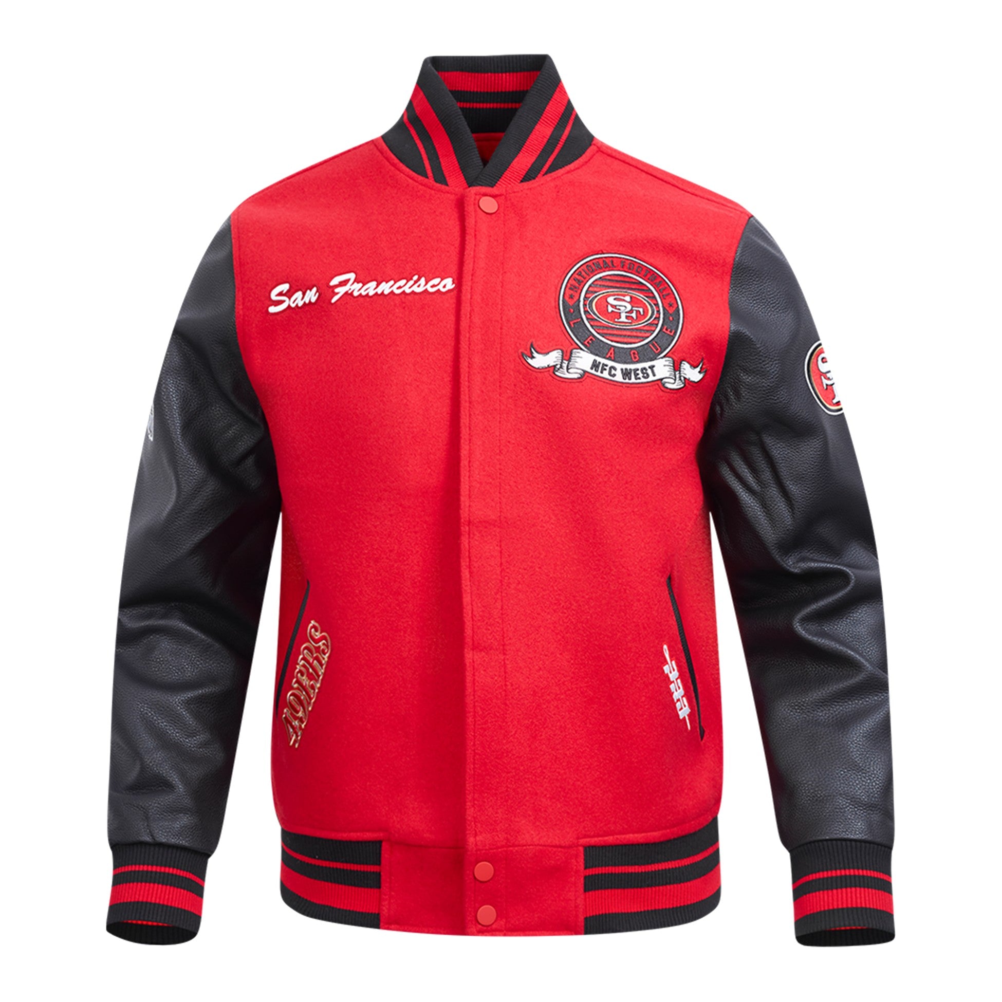 MENS PRO STANDARD SAN FRANCISCO 49ERS TEAM BADGE M RIB WOOL VARSITY JACKET (RED/BLACK)