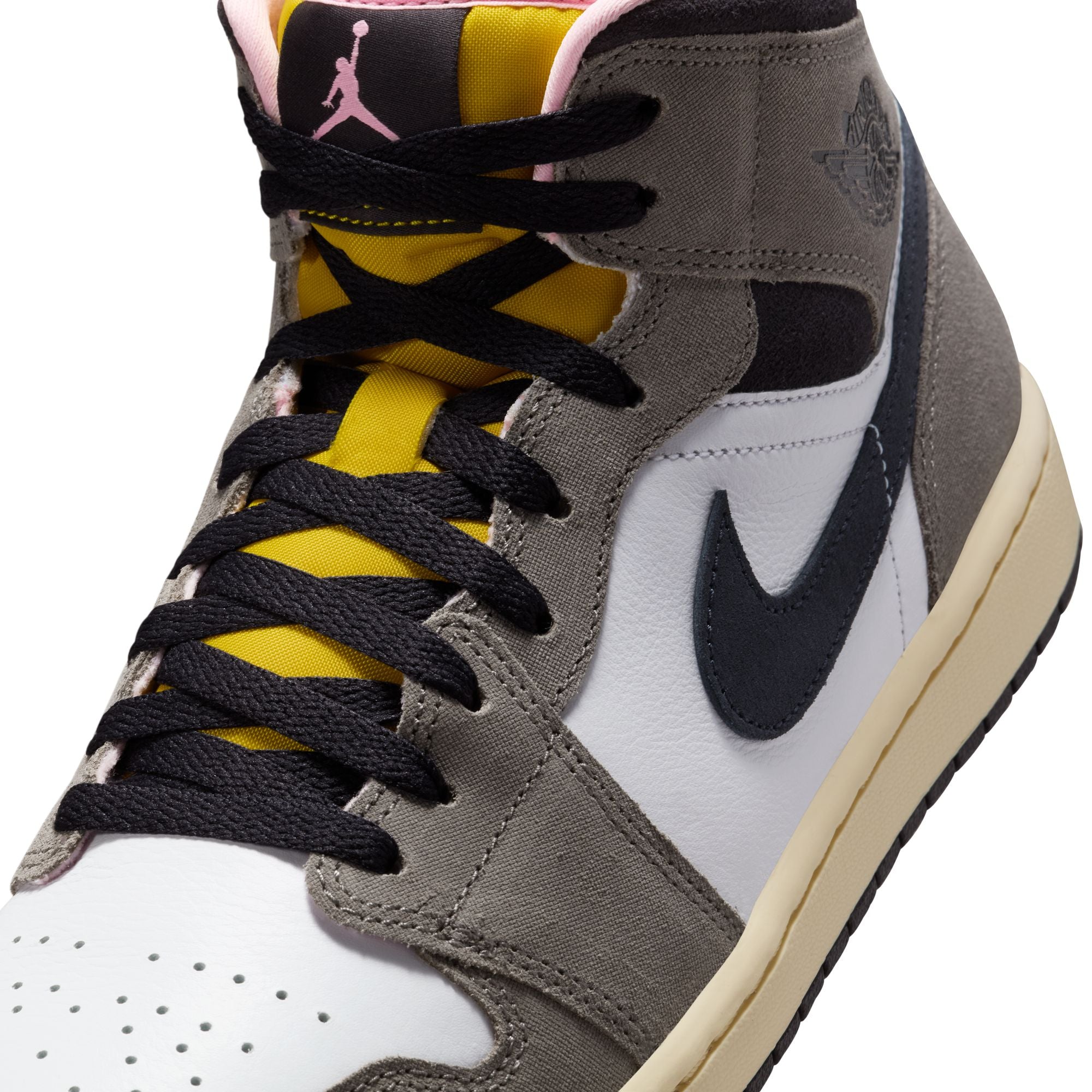 MENS AIR JORDAN 1 MID SE (WHITE/OIL GREY/CAVE STONE/DARK SULFUR)