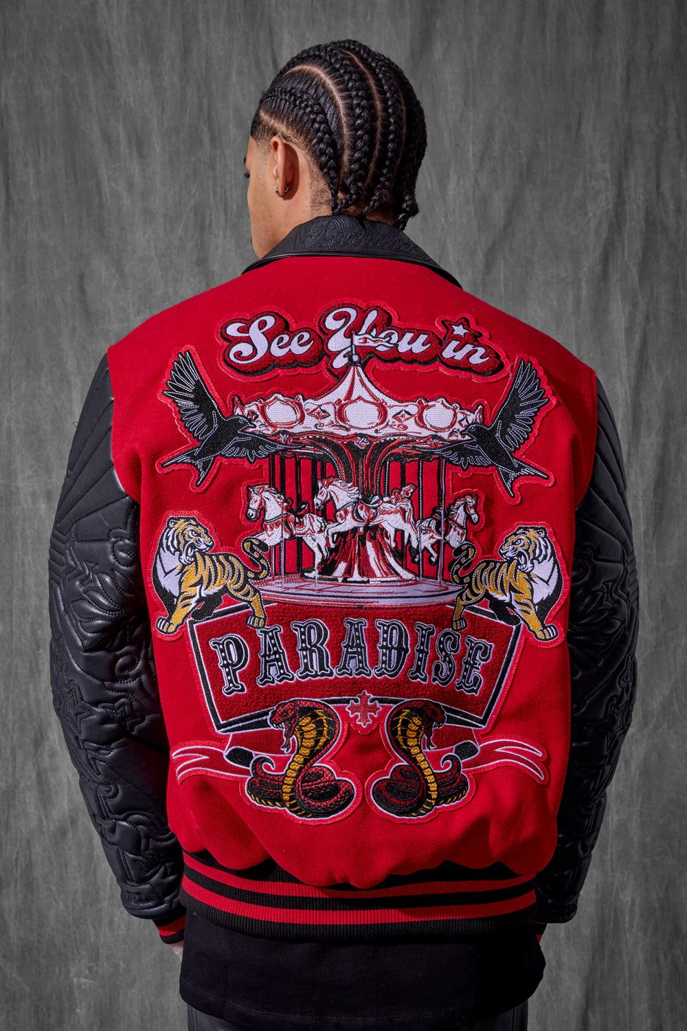 MENS JORDAN CRAIG SMOKE & MIRRORS VARSITY JACKET (BRED)