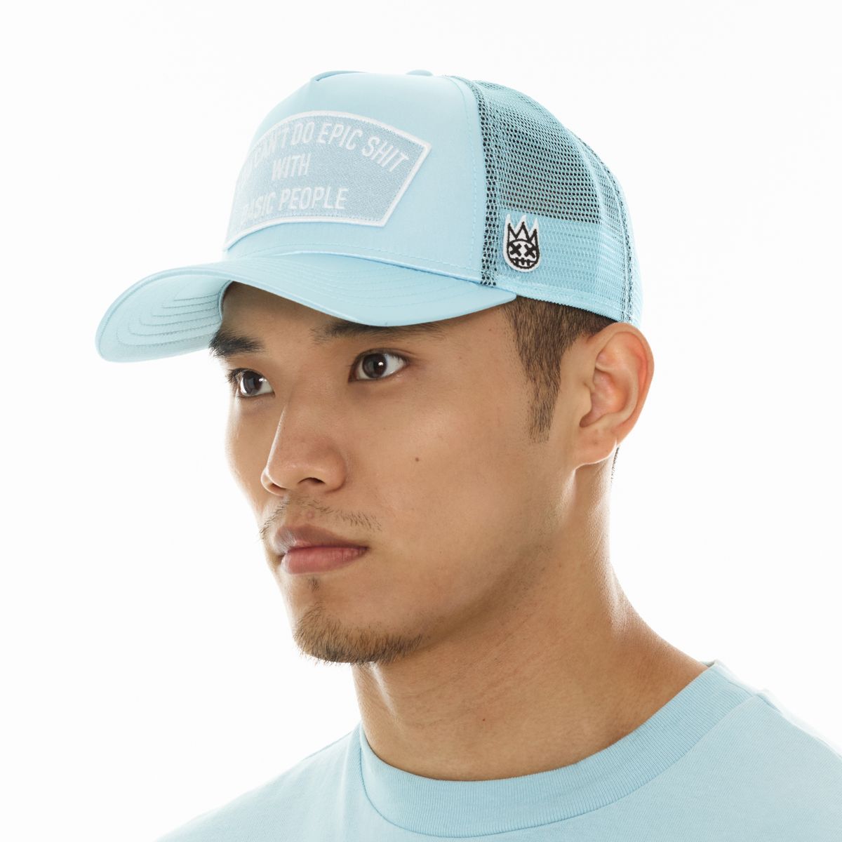 CULT MESH TRUCKER HAT WITH SATIN "EPIC SHIT" (BLUE GLOW)