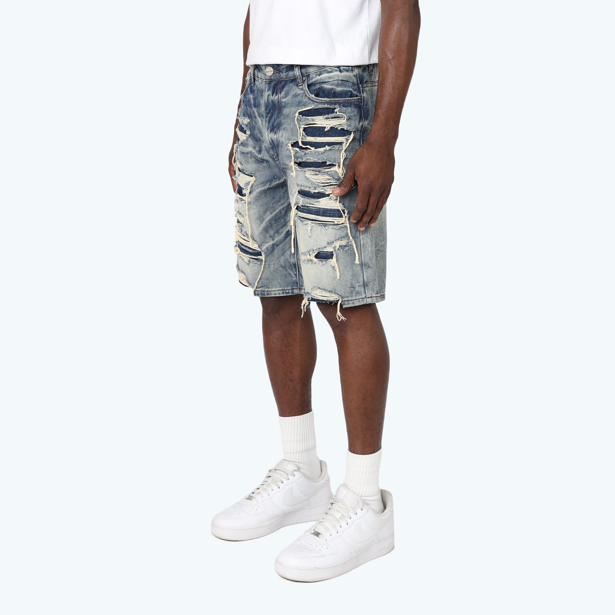 MENS SMOKE RISE HEAVY RIP & REPAIR JEAN SHORT (MARSH BLUE)