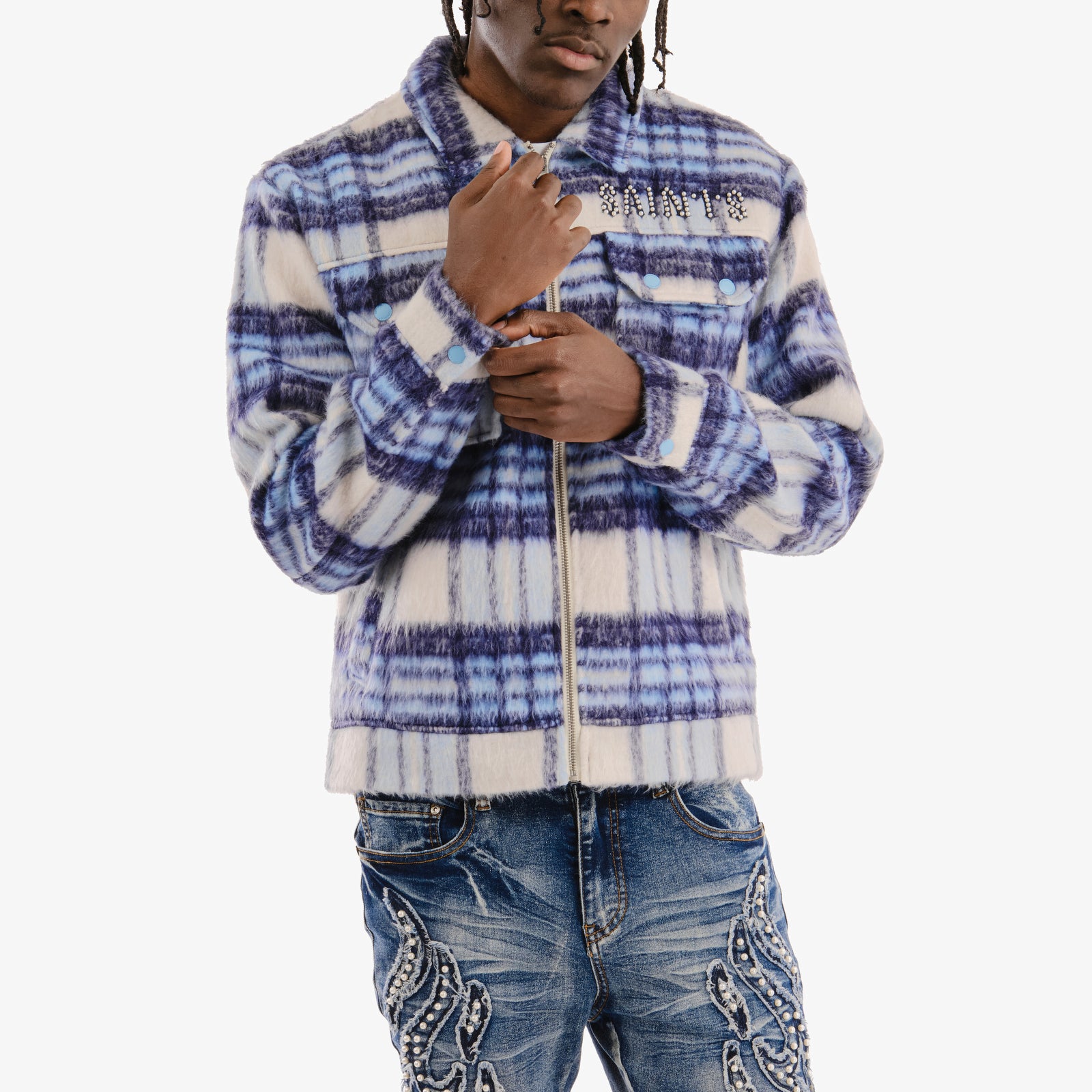 MENS COPPER RIVET BRUSHED FLANNEL JACKET WITH PEARL EMBROIDERY (BLUE)