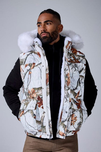 MENS JORDAN CRAIG YUKON FUR LINED PUFFER VEST (SNOW CAMO)