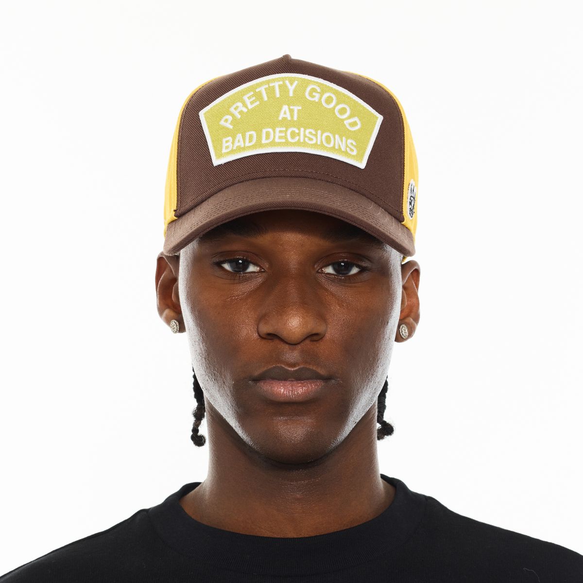 CULT "GOOD AT BAD DECISIONS" LOGO MESH BACK TRUCKER HAT (CHOCOLATE)
