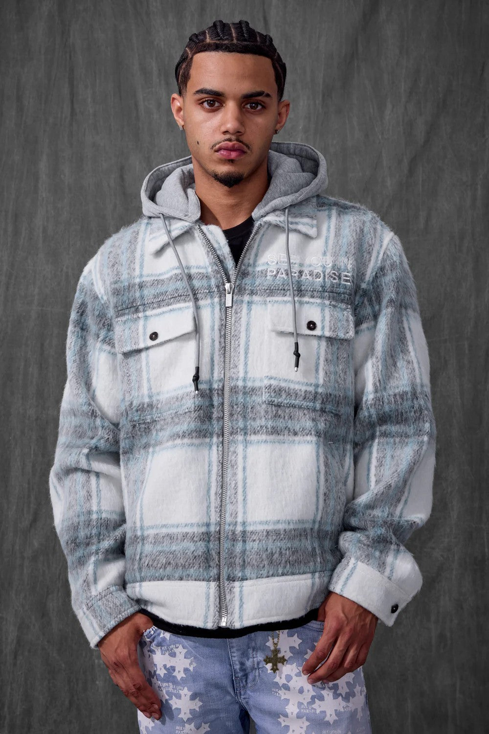MENS JORDAN CRAIG SYIP HOODED FLANNEL SHACKET (LIGHT BLUE)