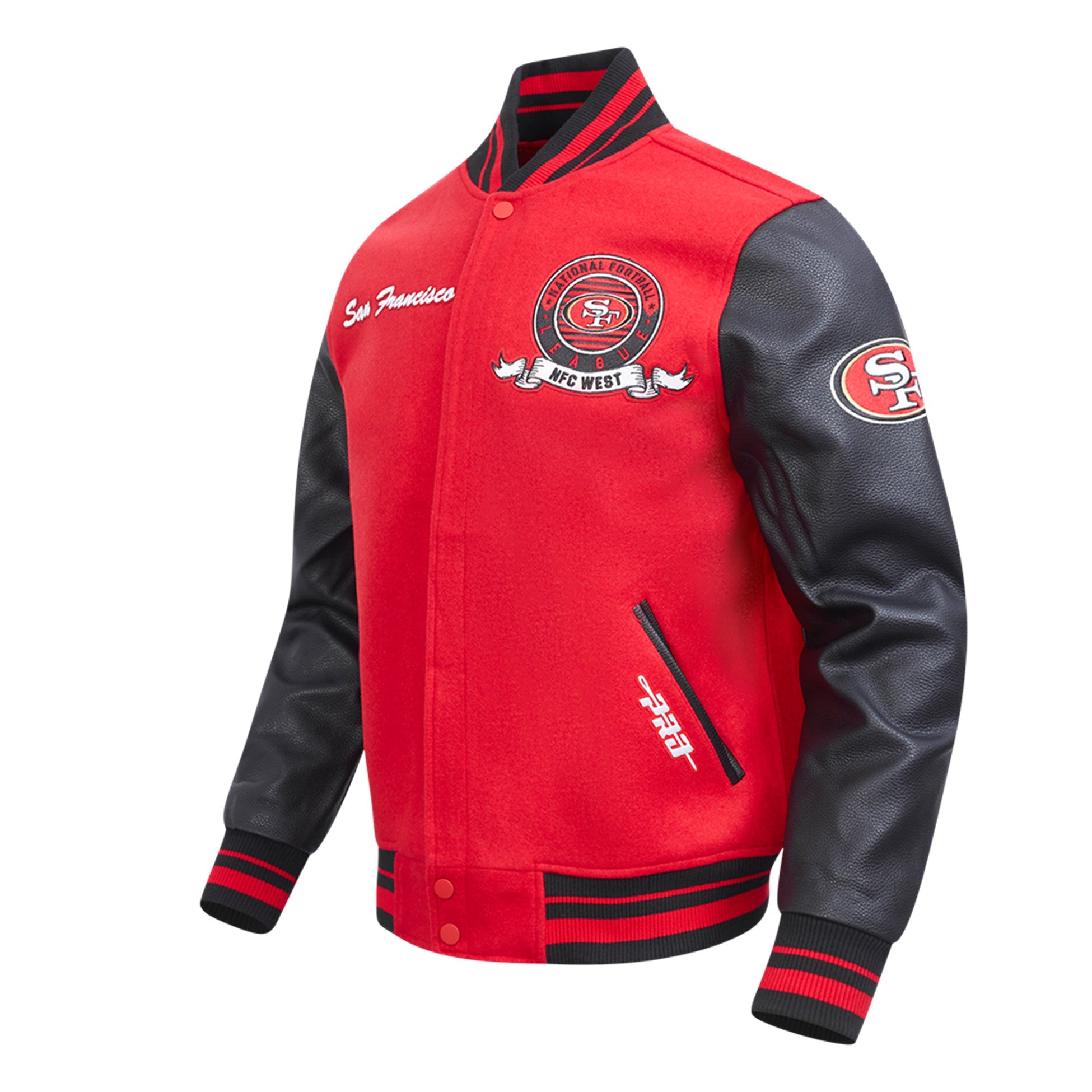 MENS PRO STANDARD SAN FRANCISCO 49ERS TEAM BADGE M RIB WOOL VARSITY JACKET (RED/BLACK)