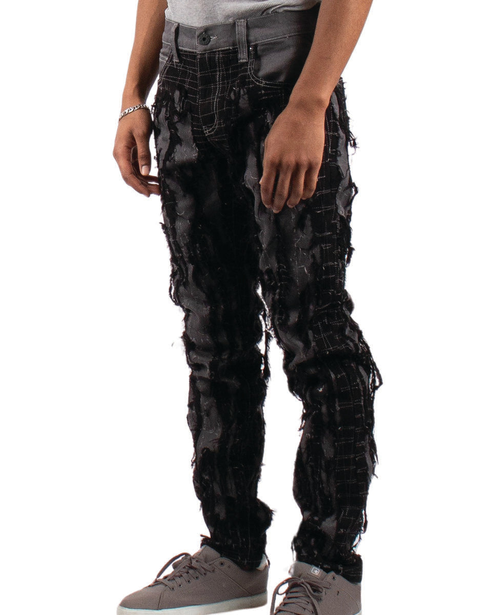MENS MAJESTIK DOUBLE LAYERED RIP & TEAR DENIM PANT (BLACK)