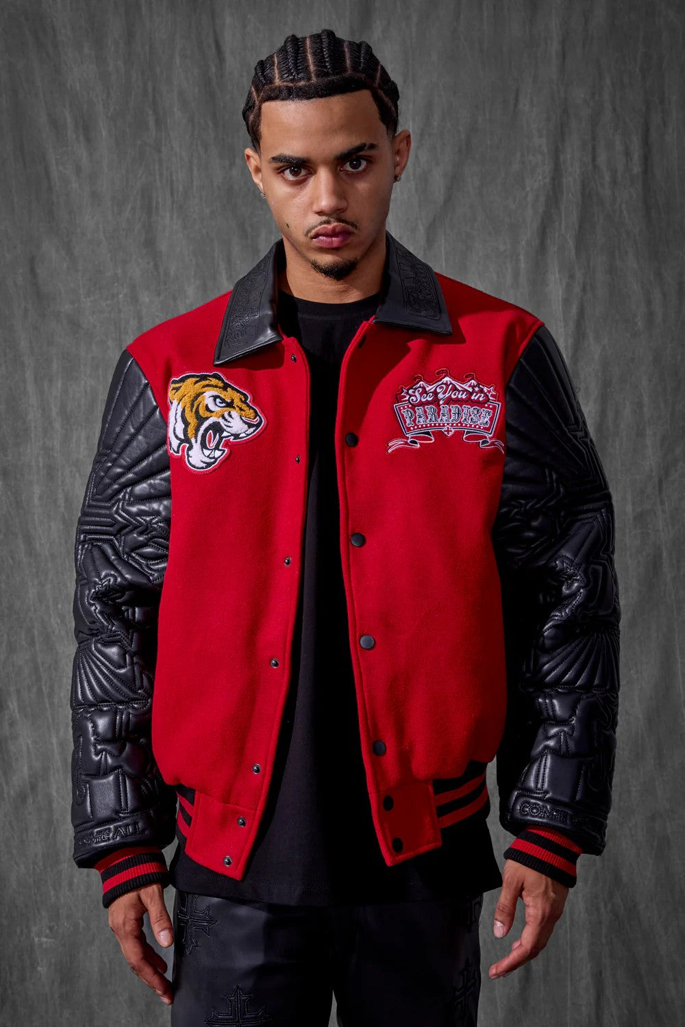 MENS JORDAN CRAIG SMOKE & MIRRORS VARSITY JACKET (BRED)