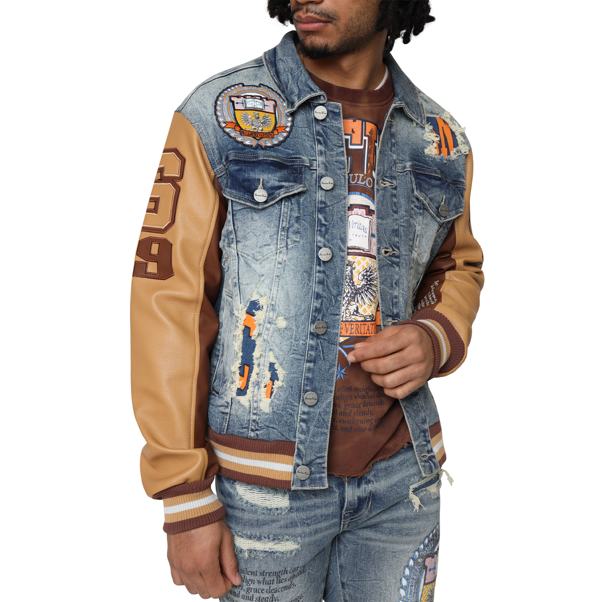 MENS SMOKE RISE MAGNIFICENCE DENIM VARSITY JACKET (HEARST BLUE)