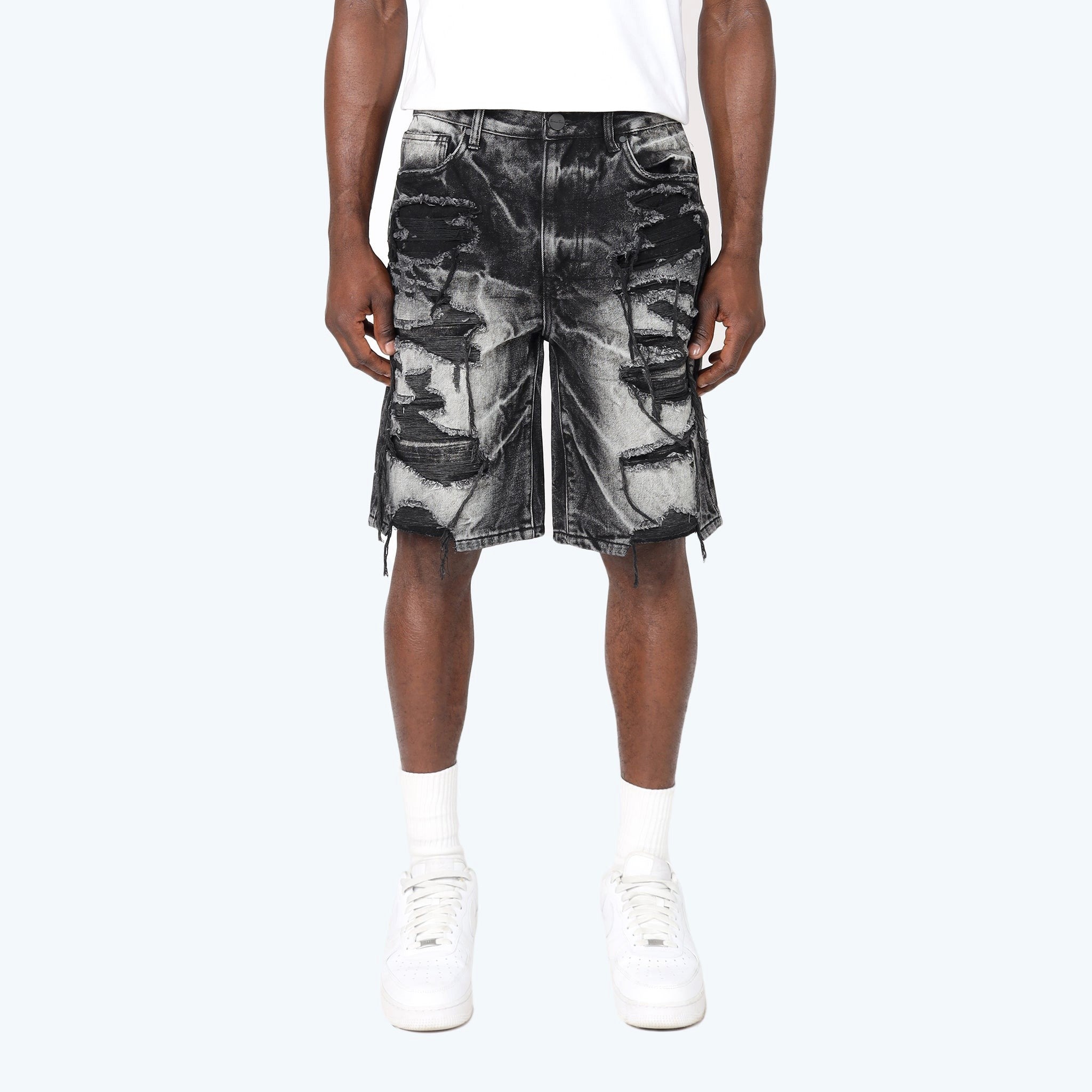 MENS SMOKE RISE HEAVY RIP & REPAIR JEAN SHORT (SABLE BLACK)
