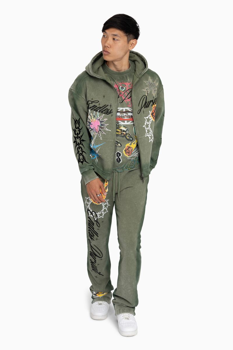 MENS SMOKE RISE ENDLESS PURSUIT STUDDED FZ HOODIE WARMUP (VINTAGE ARMY)