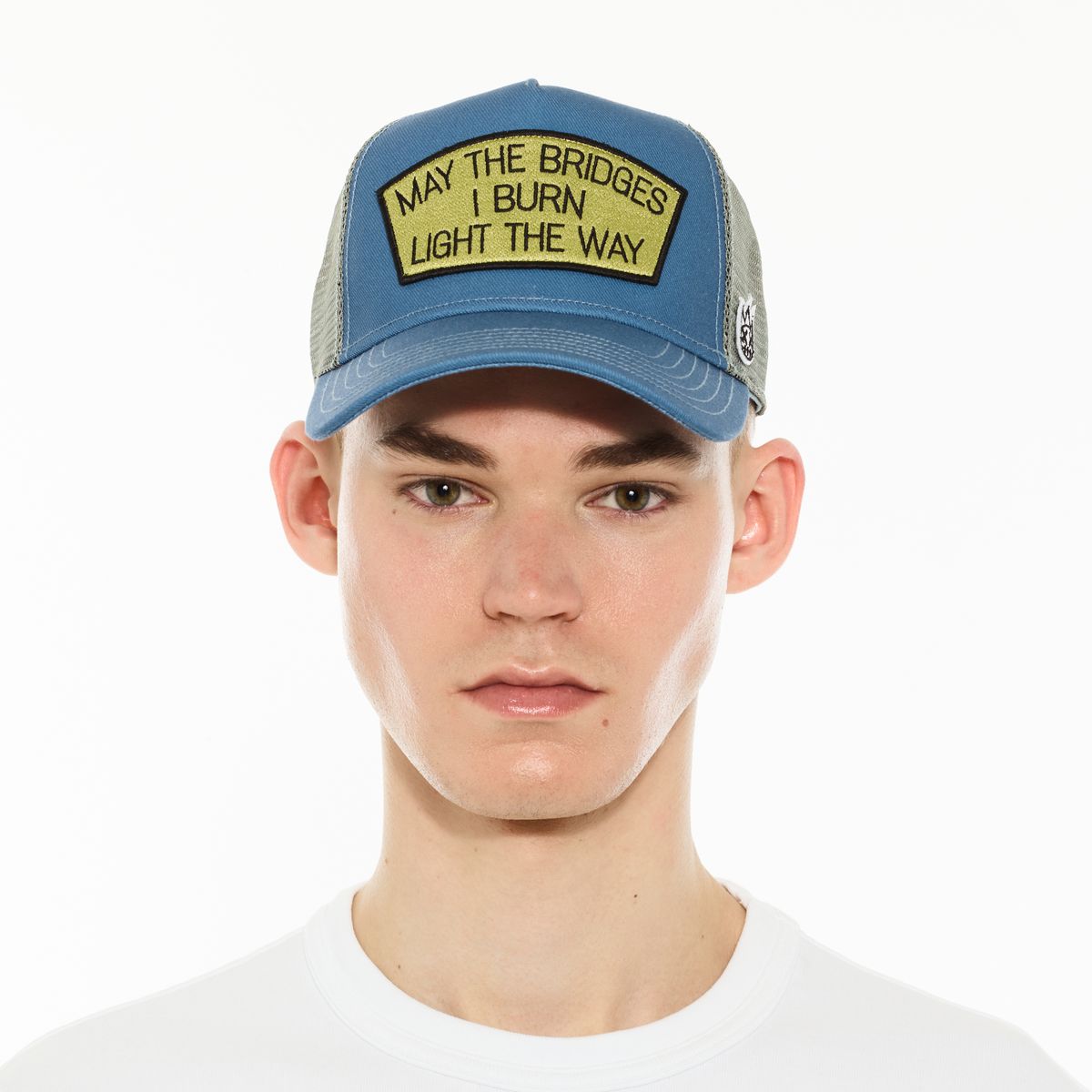 CULT "MAY THE BRIDGES I BURN" LOGO MESH BACK TRUCKER HAT (BLUE STEEL)