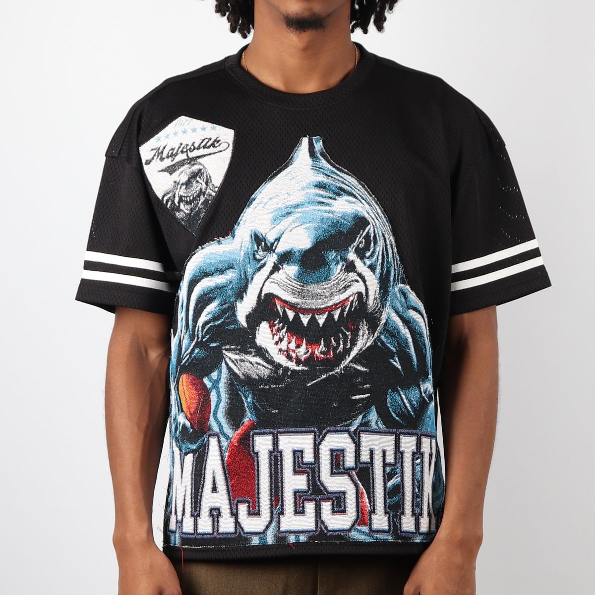 MENS MAJESTIK MESH TAPESTRY MIX STUD FISHNET JERSEY (BLACK)