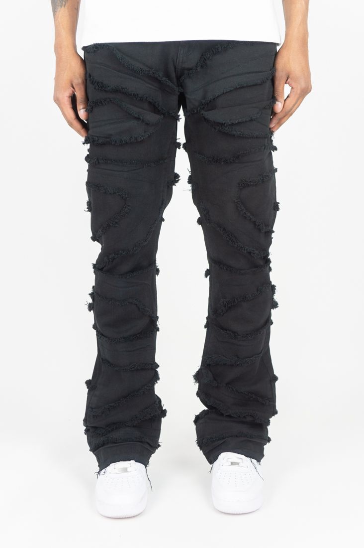 MENS ROAR DENIM RIP & FRAY STACKED DENIM/TWILL PANT (BLACK)