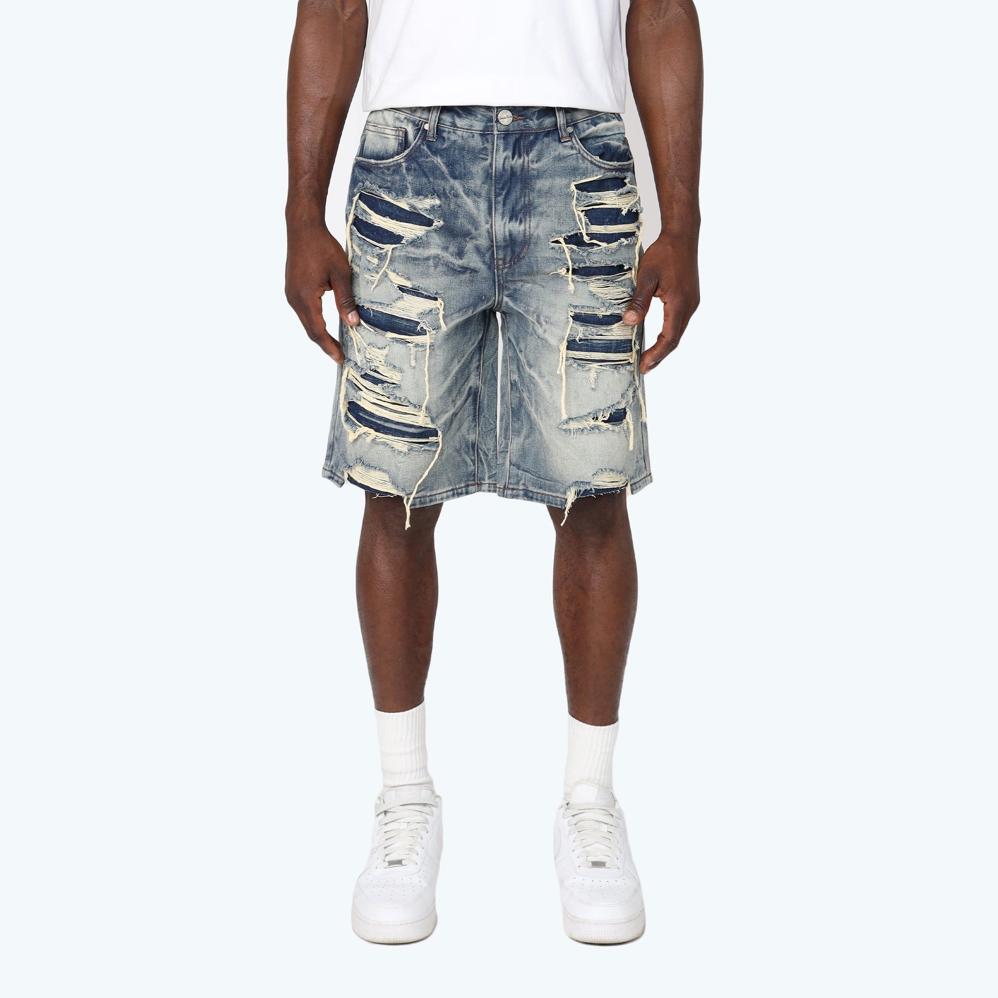 MENS SMOKE RISE HEAVY RIP & REPAIR JEAN SHORT (MARSH BLUE)