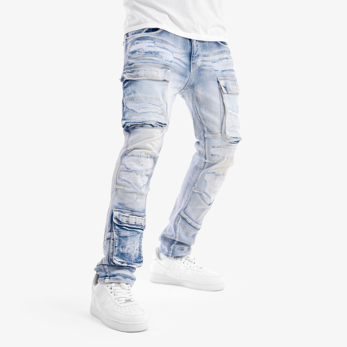 MENS COPPER RIVET SLIM FIT RIP AND REPAIR CARGO DENIM (LIGHT SAND BLUE)