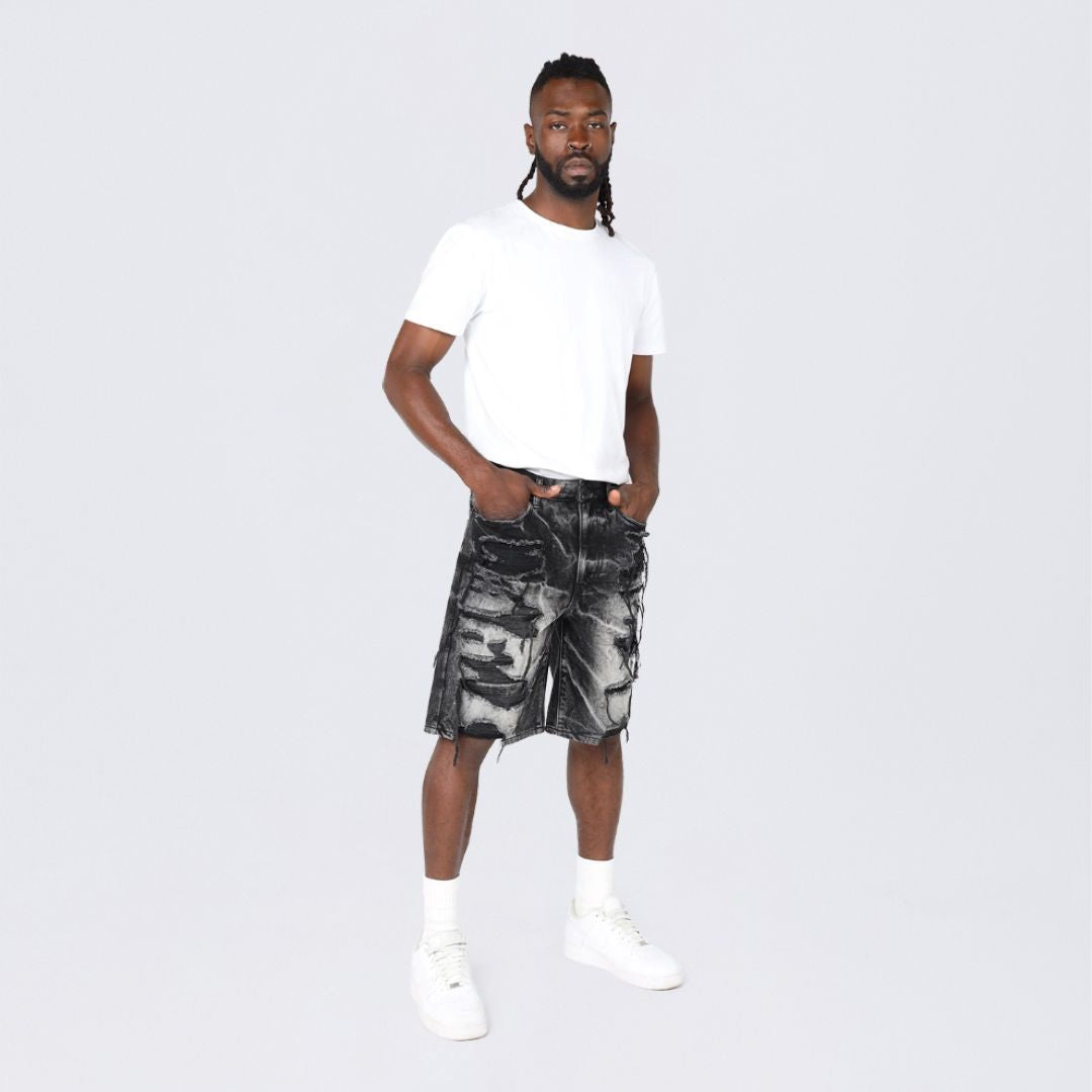 MENS SMOKE RISE HEAVY RIP & REPAIR JEAN SHORT (SABLE BLACK)