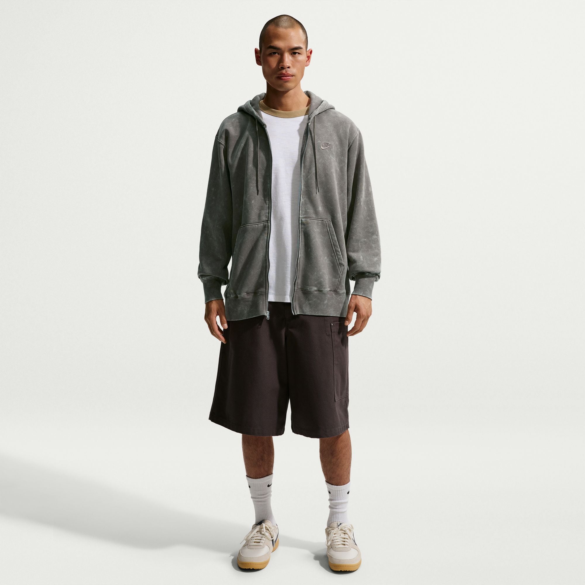 MENS NIKE FULL-ZIP WASHED FLEECE HOODIE (CAVE STONE)