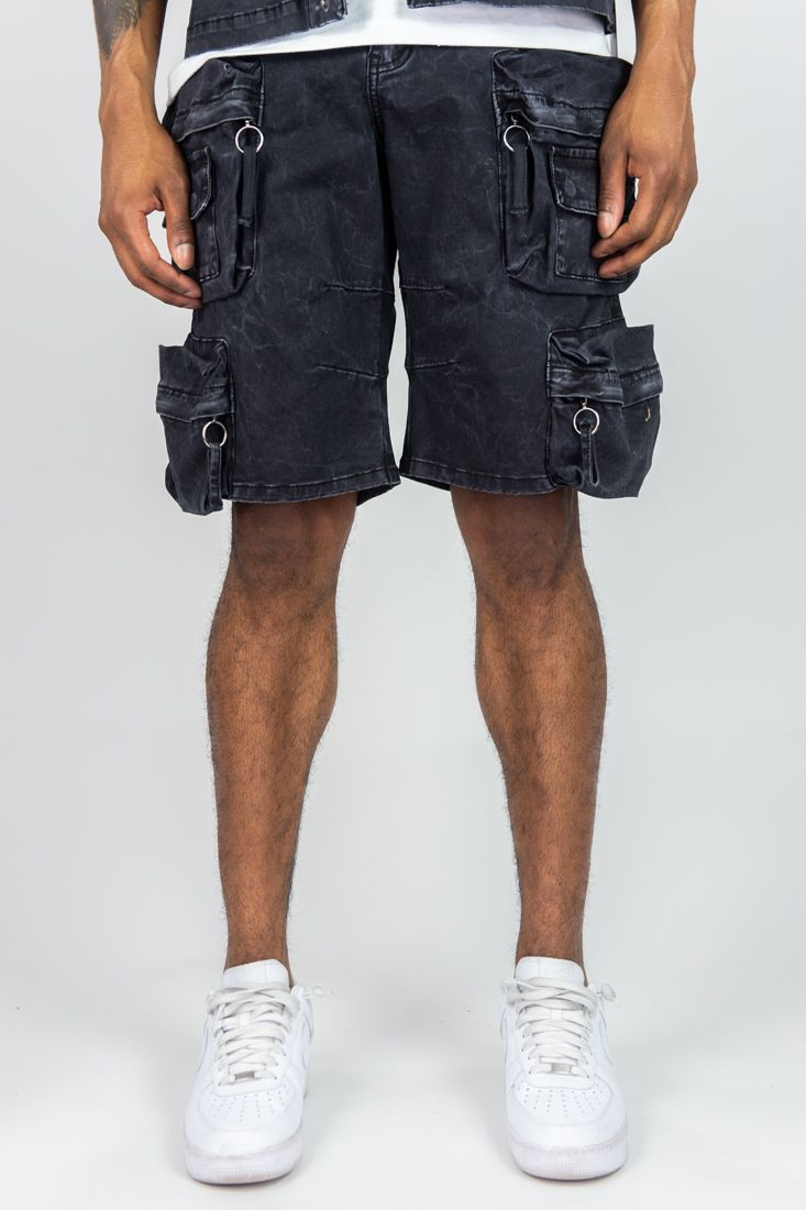 MENS R3BEL DENIM VOYAGER WASHED CARGO JORT (ASH BLACK)