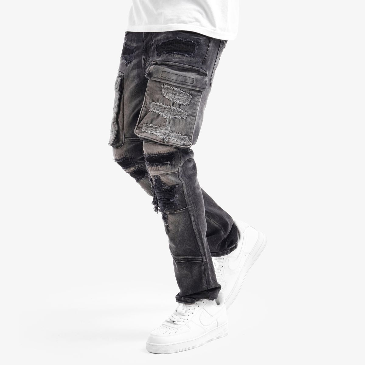 MENS COPPER RIVET SLIM FIT RIP AND REPAIR CARGO DENIM (BLACK SAND)