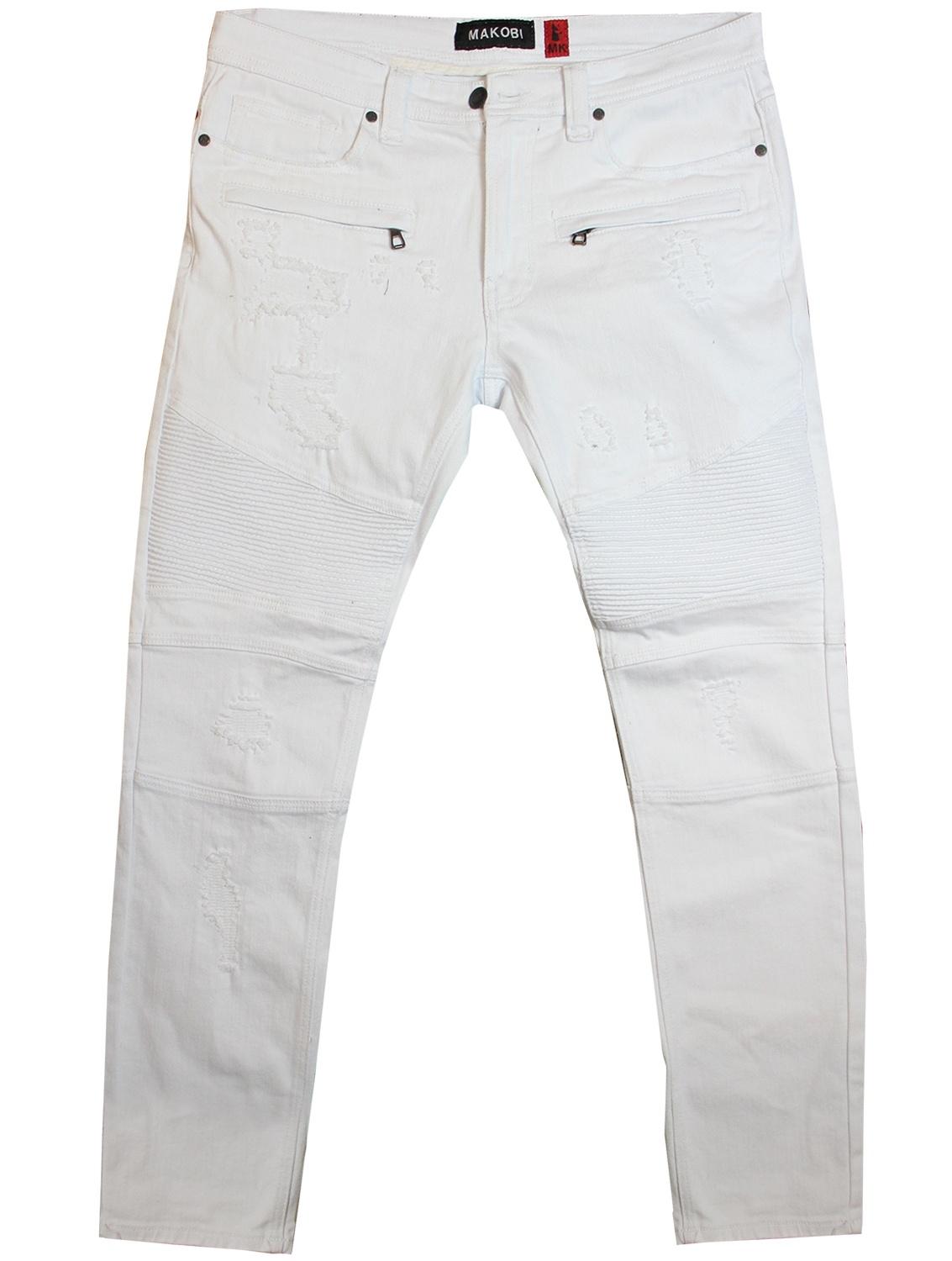 MEN'S MAKOBI PRADO BIKER JEANS WITH RIP REPAIR (WHITE)