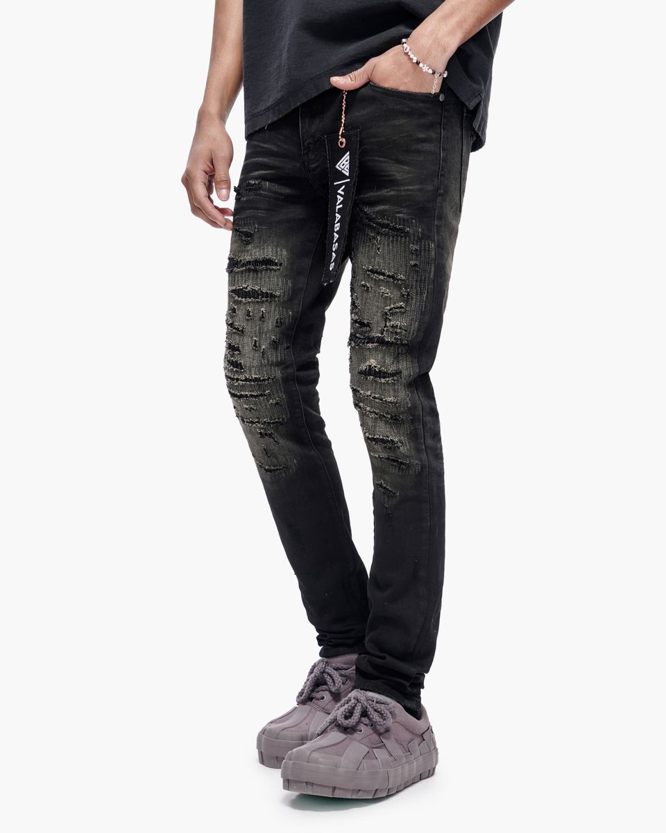 MENS VALABASAS RIP AND REPAIR SKINNY JEAN (BLACK WASH)