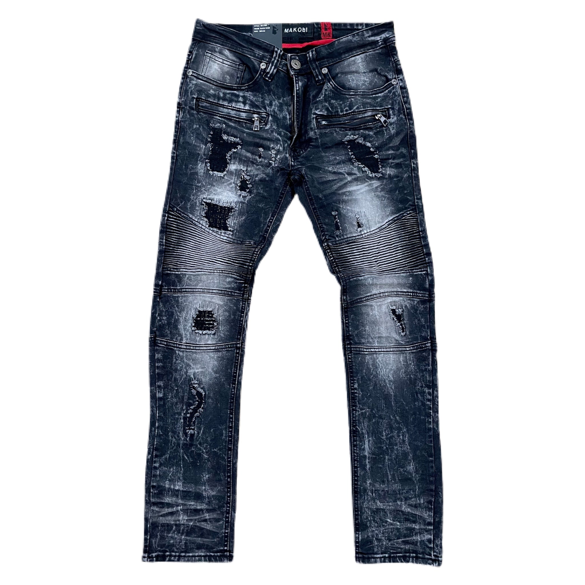 MEN'S MAKOBI PRADO BIKER JEANS WITH RIP & REPAIR (BLACK WASH)