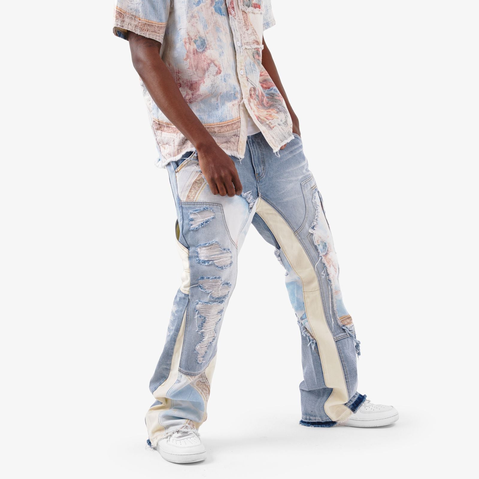 MENS VOYAGE STUDIO FLARE CARPENTER PRINT JEAN (LIGHT BLUE)