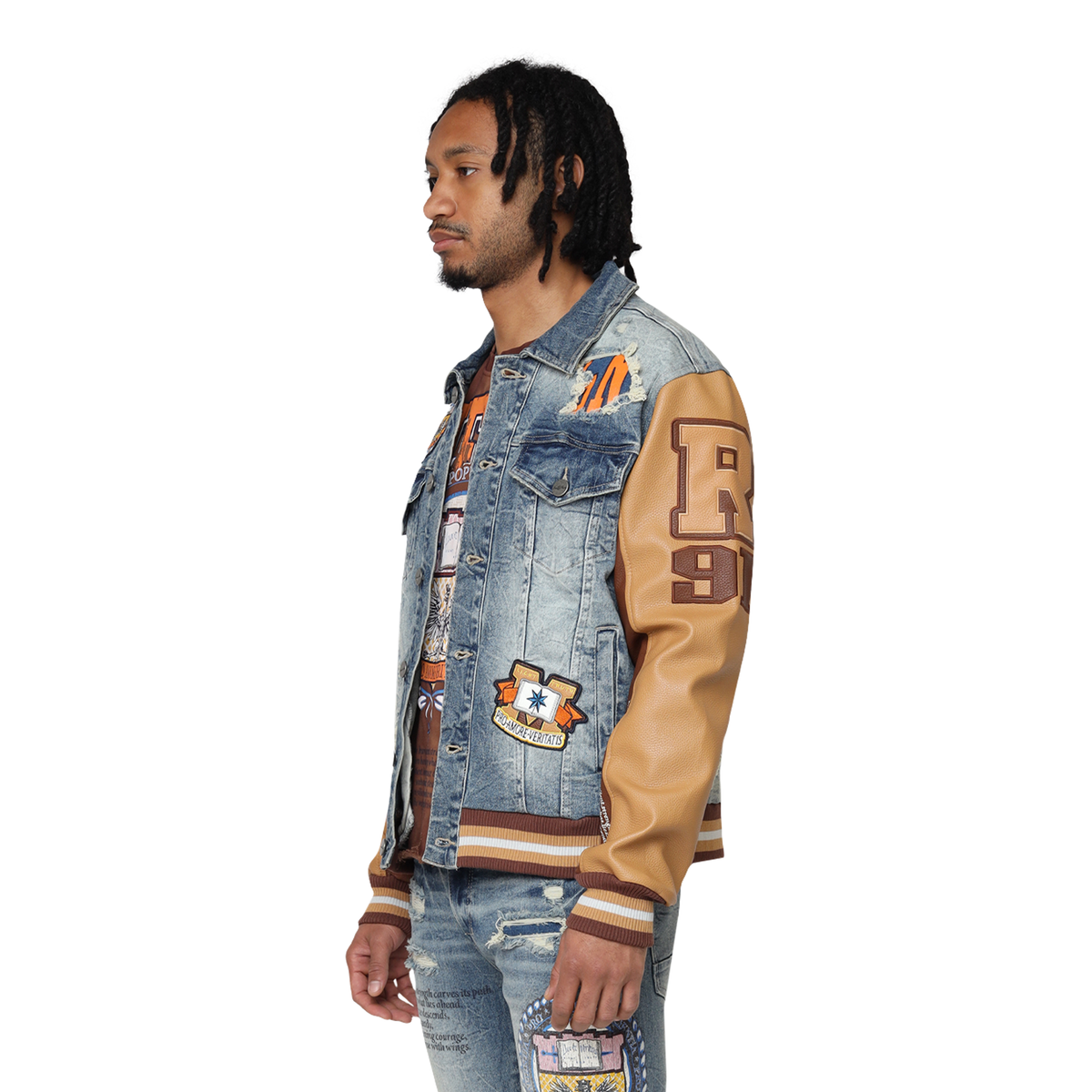 MENS SMOKE RISE MAGNIFICENCE DENIM VARSITY JACKET (HEARST BLUE)