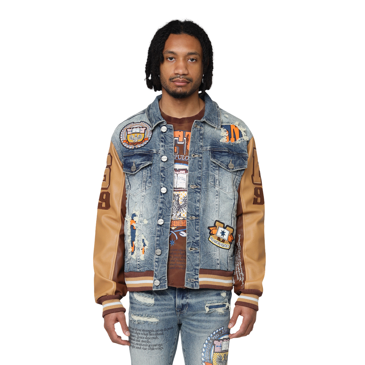MENS SMOKE RISE MAGNIFICENCE DENIM VARSITY JACKET (HEARST BLUE)