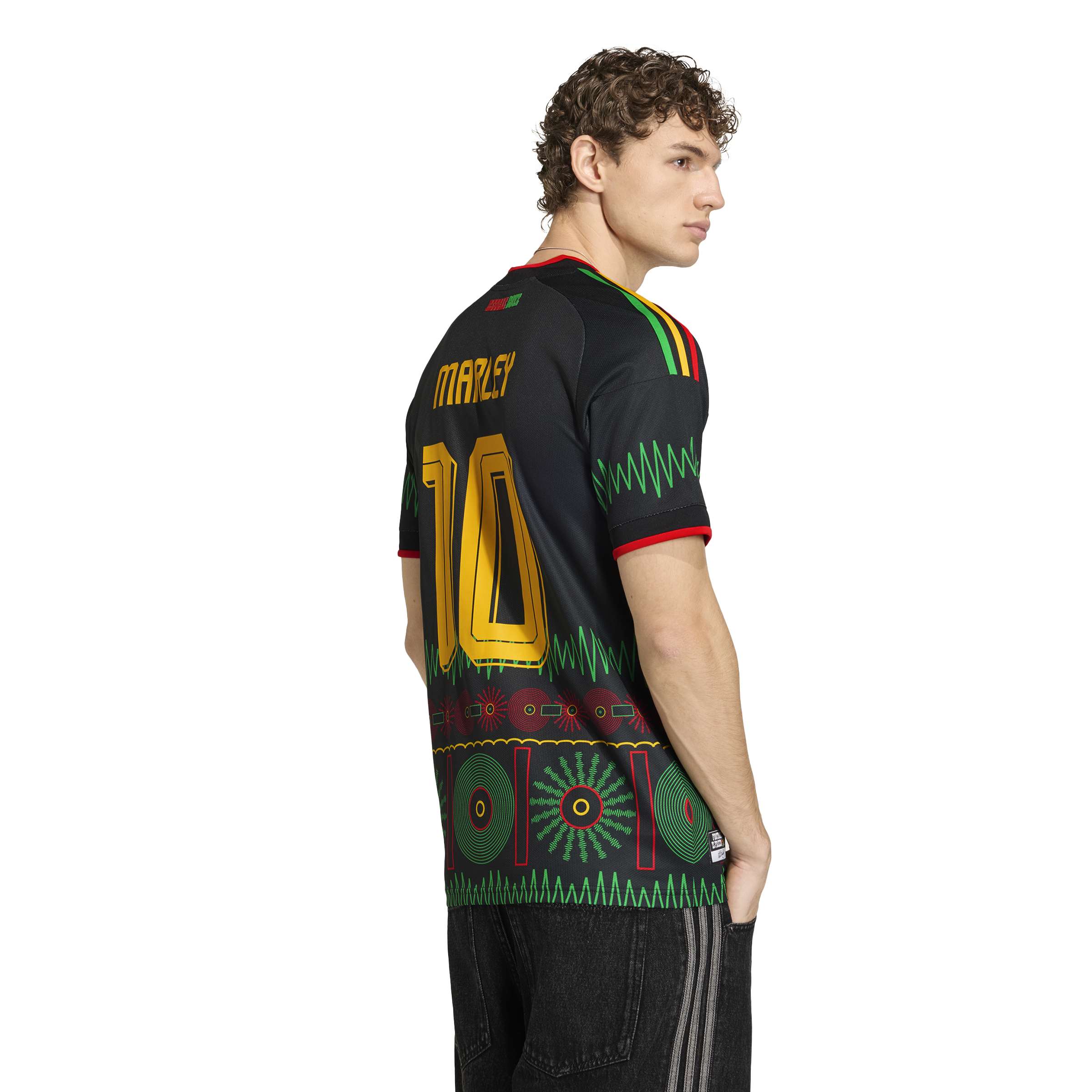 MENS ADIDAS JAMAICA 26 X BOB MARLEY AWAY MARLEY 10 JERSEY (BLACK)