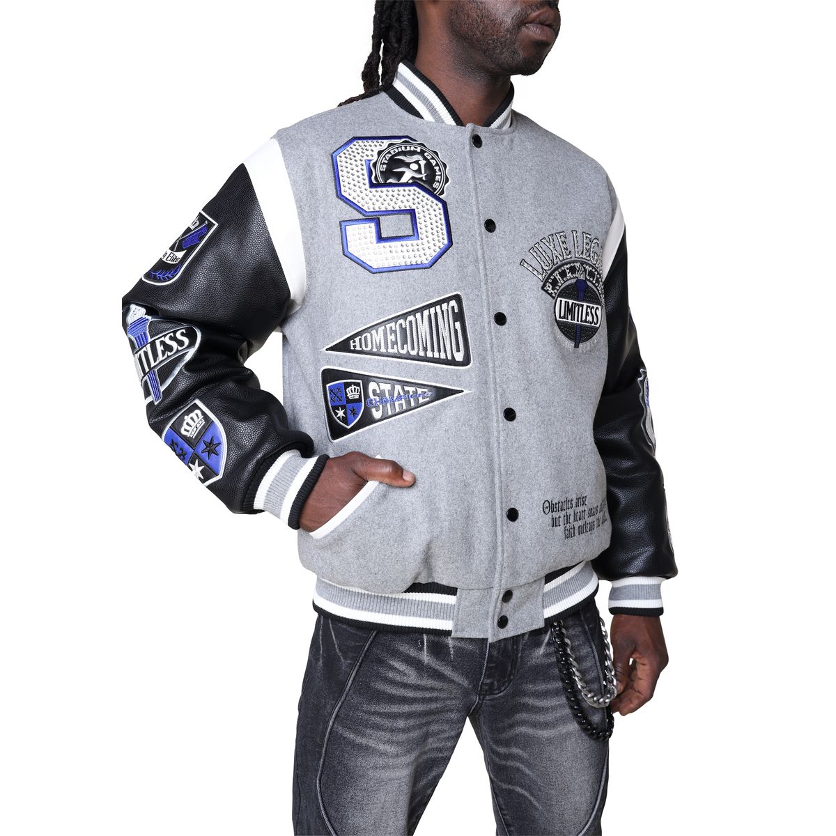 MENS SMOKE RISE LUXE LEGACY WOOL VARSITY JACKET (HEATHER GREY)