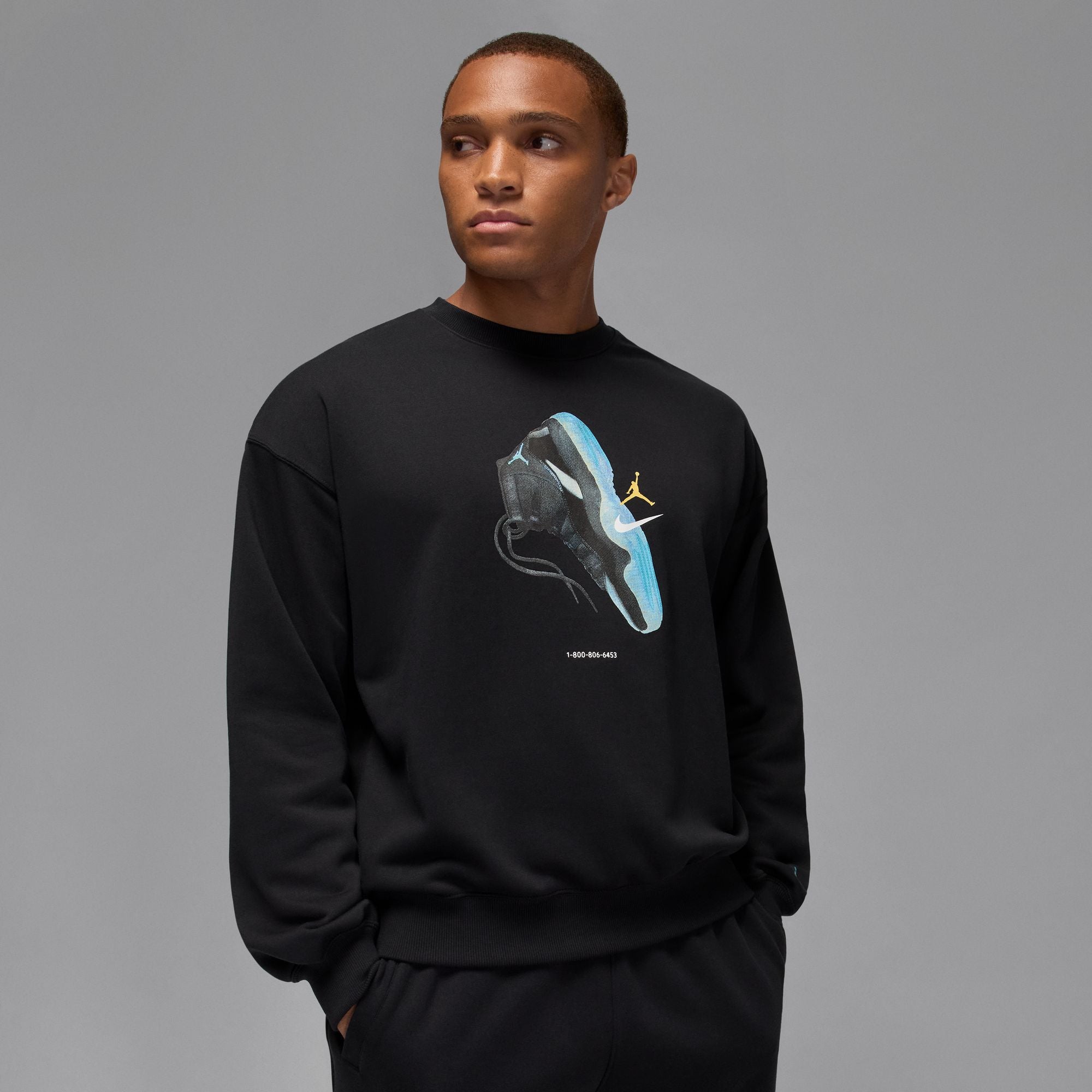 MENS JORDAN BROOKLYN AJ11 LONG SLEEVE FLEECE CREW (BLACK/GAMMA BLUE)