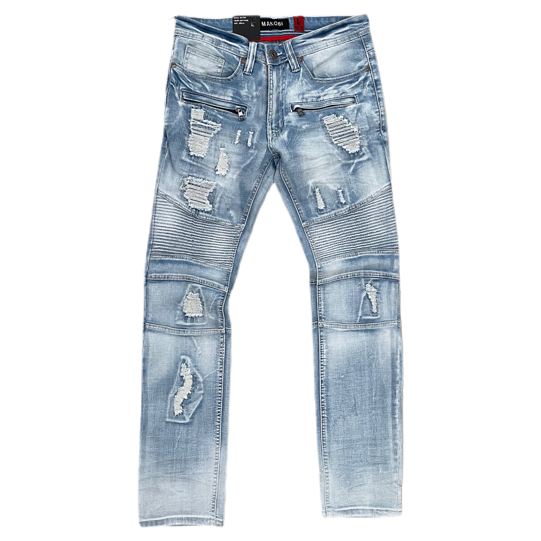MEN'S MAKOBI PRADO BIKER JEANS WITH RIP & REPAIR (LIGHT WASH)